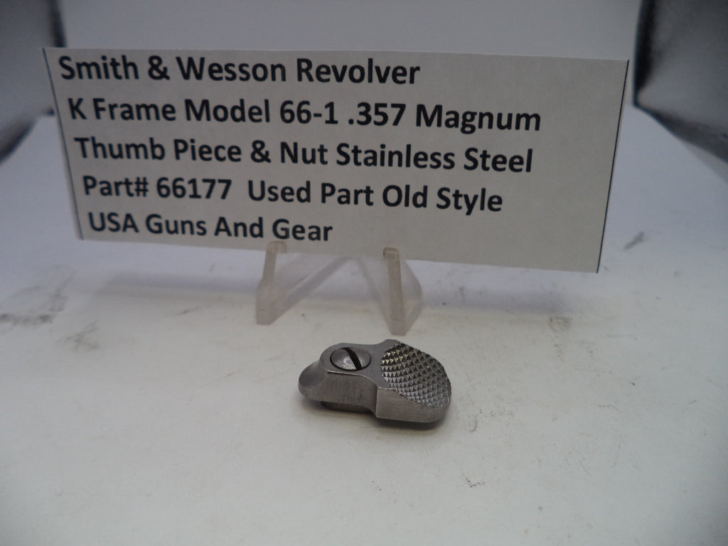 Smith & Wesson revolver thumb piece and nut on a display card with product details.