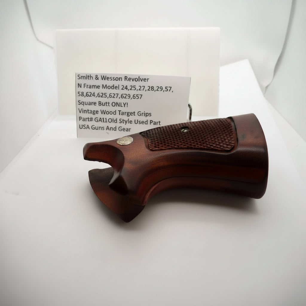 Wooden gun grip with text label on a white background