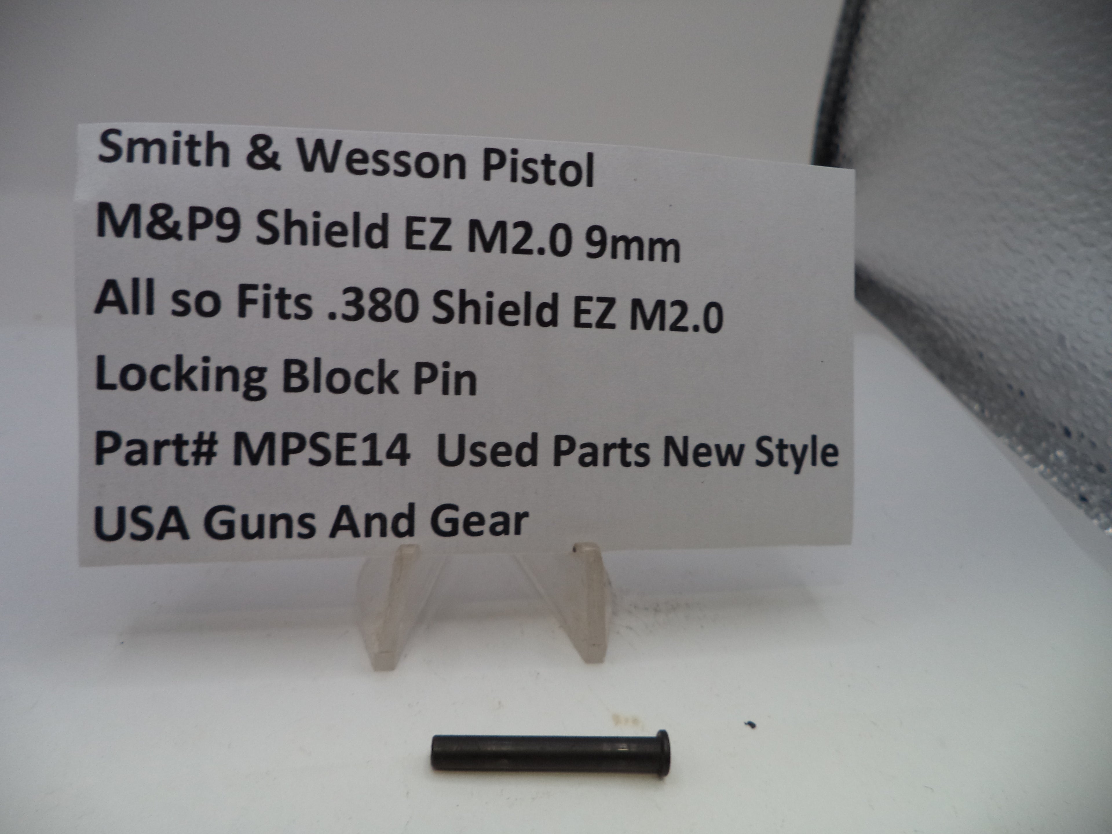 Locking block pin for Smith & Wesson M&P9 Shield EZ M2.0 9mm pistol on a white background with descriptive text.