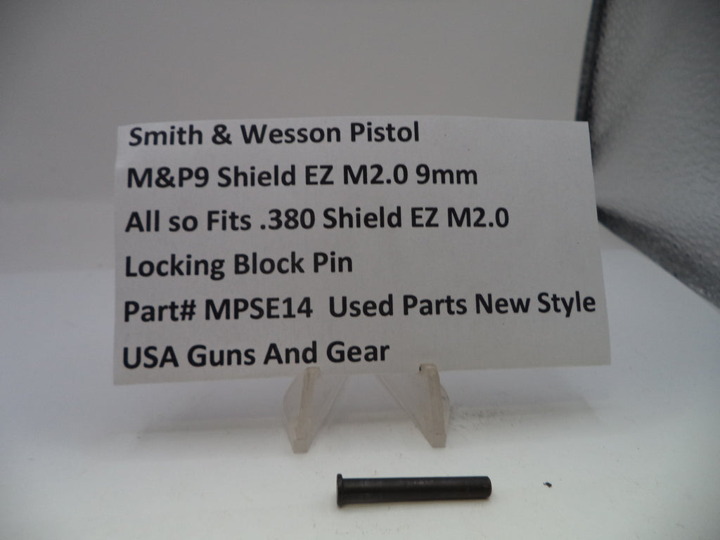 Locking block pin for Smith & Wesson M&P9 Shield EZ M2.0 9mm pistol on a white card with product details.