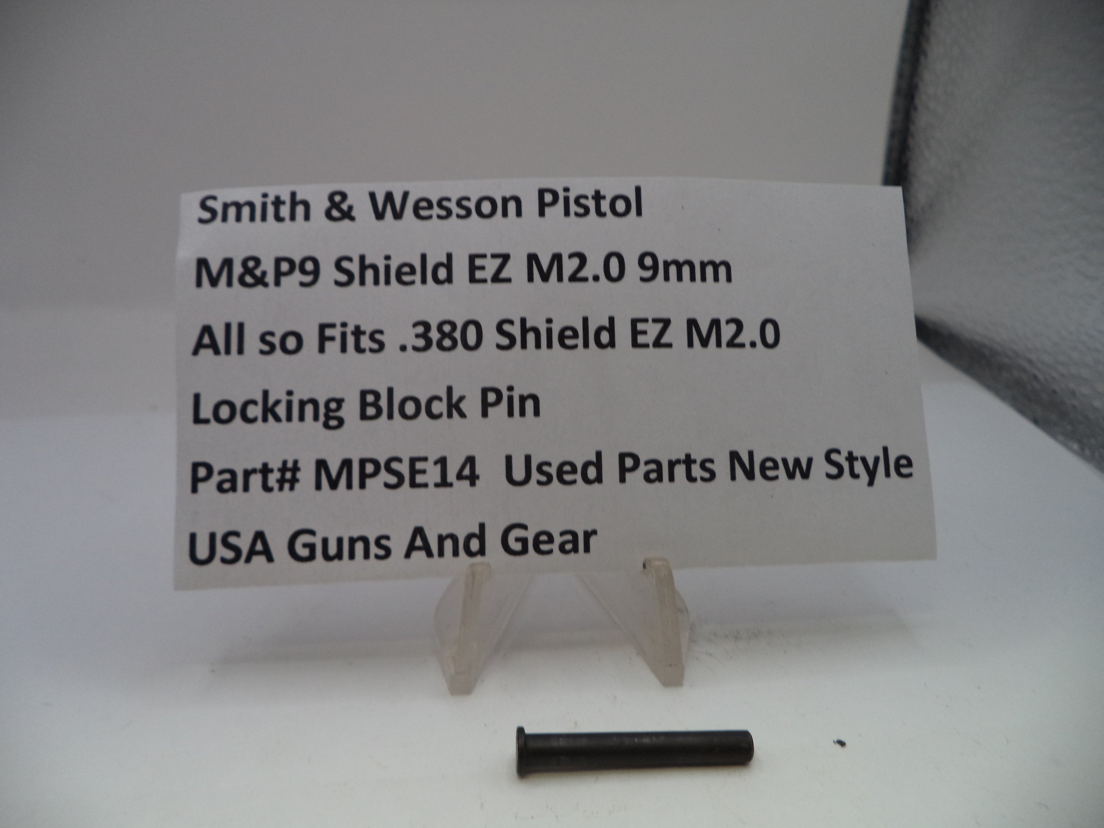 Locking block pin for Smith & Wesson M&P9 Shield EZ M2.0 9mm pistol on a white card with product details.