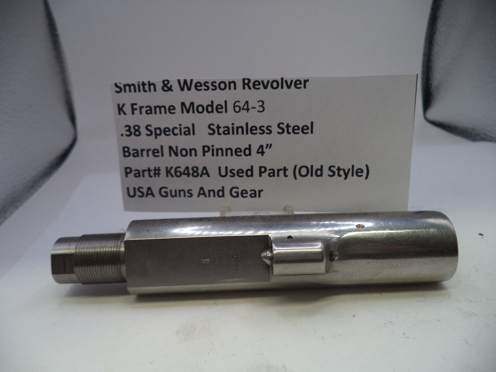 Smith & Wesson revolver barrel on a white background with descriptive text card.