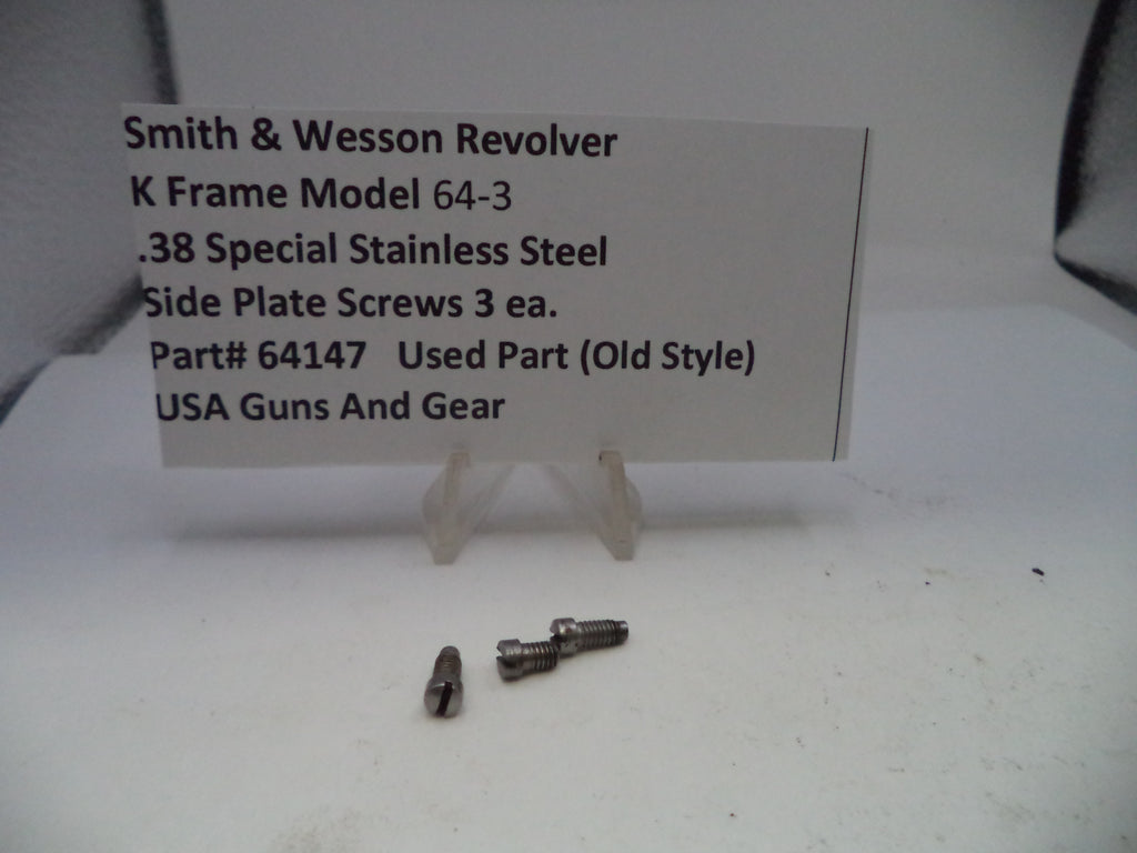 Two small metal screws on a white surface with a label about Smith & Wesson Revolver K Frame Model 64-3 side plate screws.