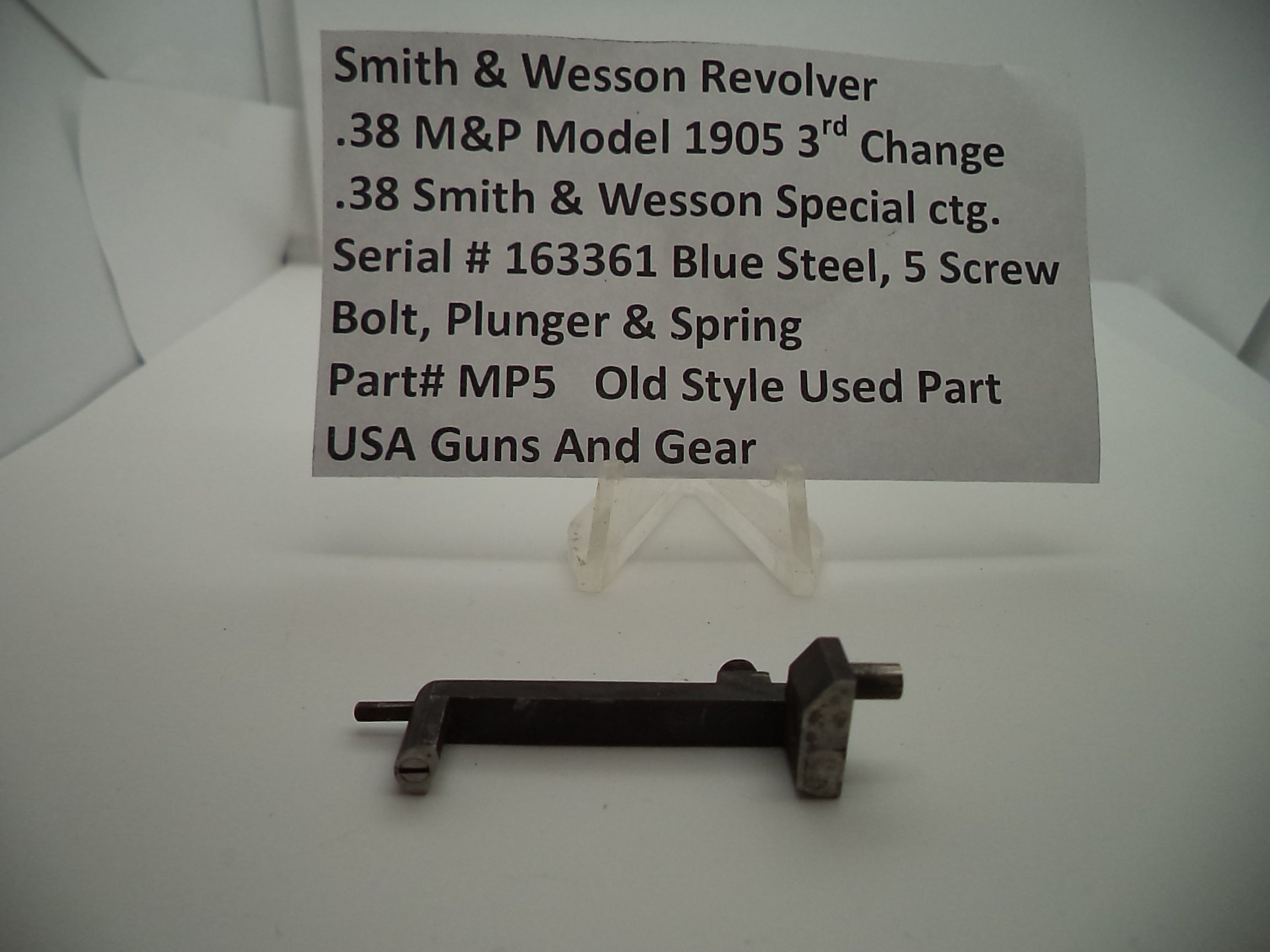 MP5 S & W .38 Model 1905 Used 3rd Change  5 Screw Bolt, Plunger & Spring