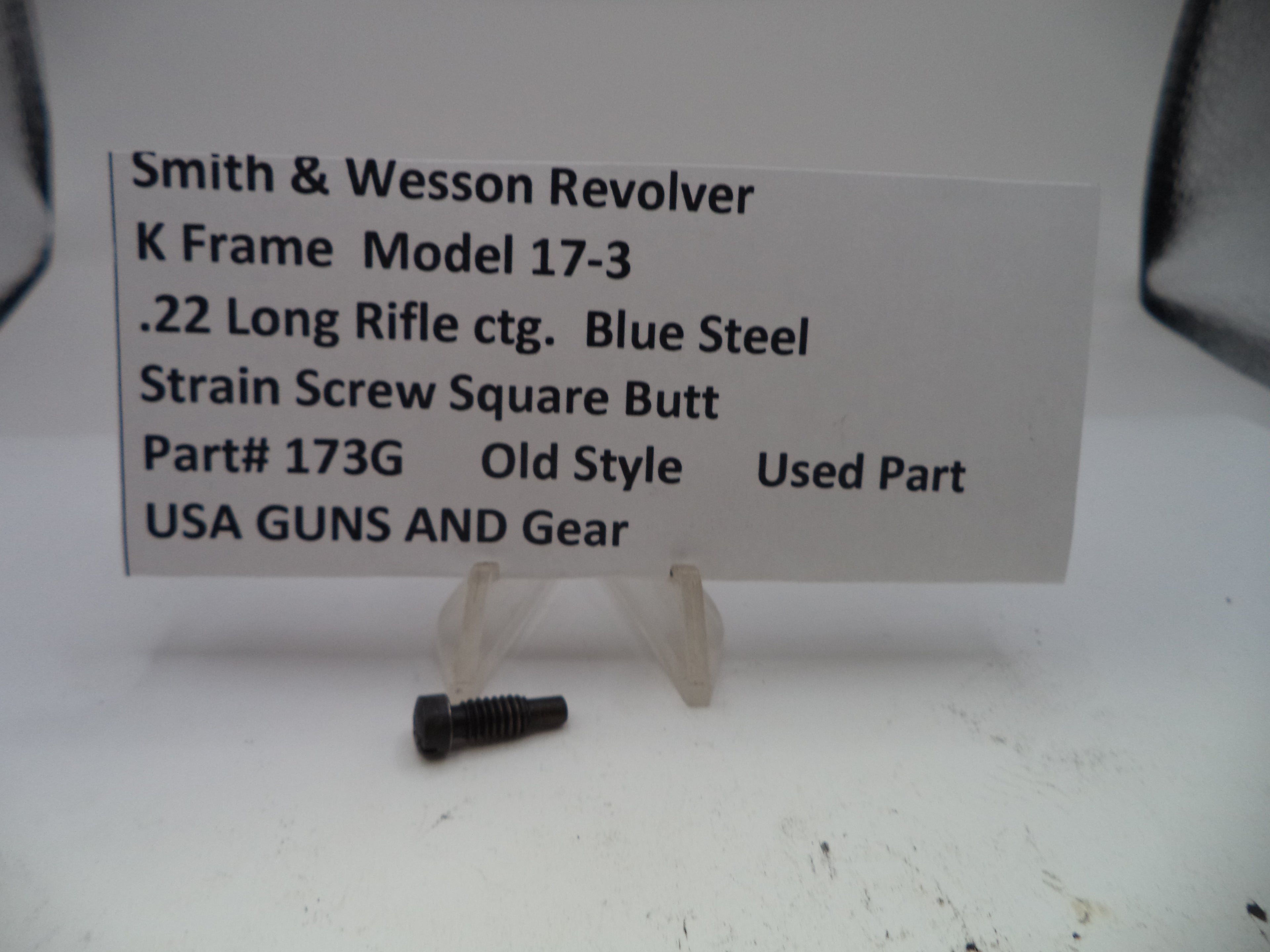 Strain screw for Smith & Wesson Revolver K Frame Model 17-3 on a white background with descriptive text card.
