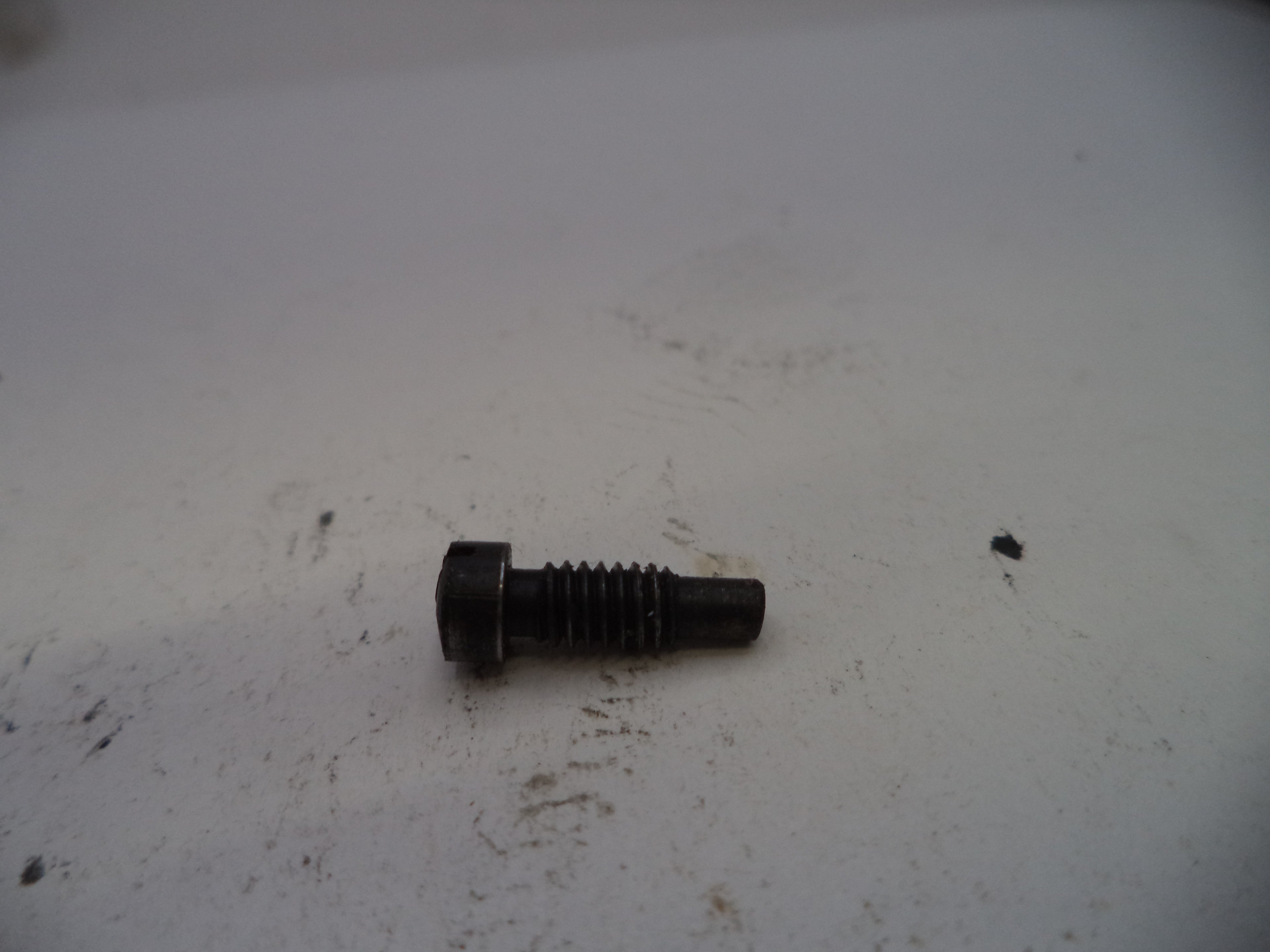 Black screw on a white surface with visible dirt and stains