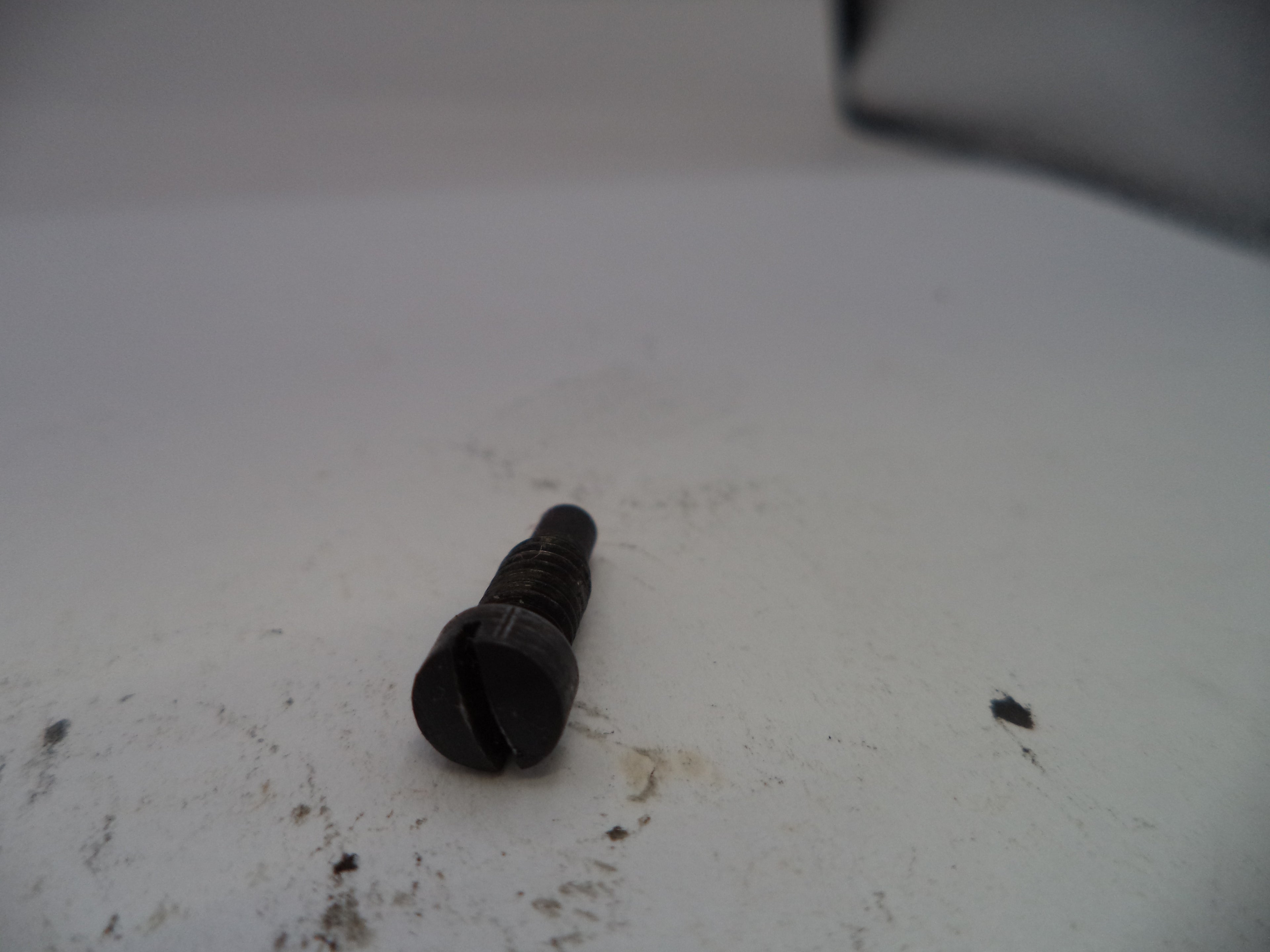 Black screw on a white surface with visible dirt