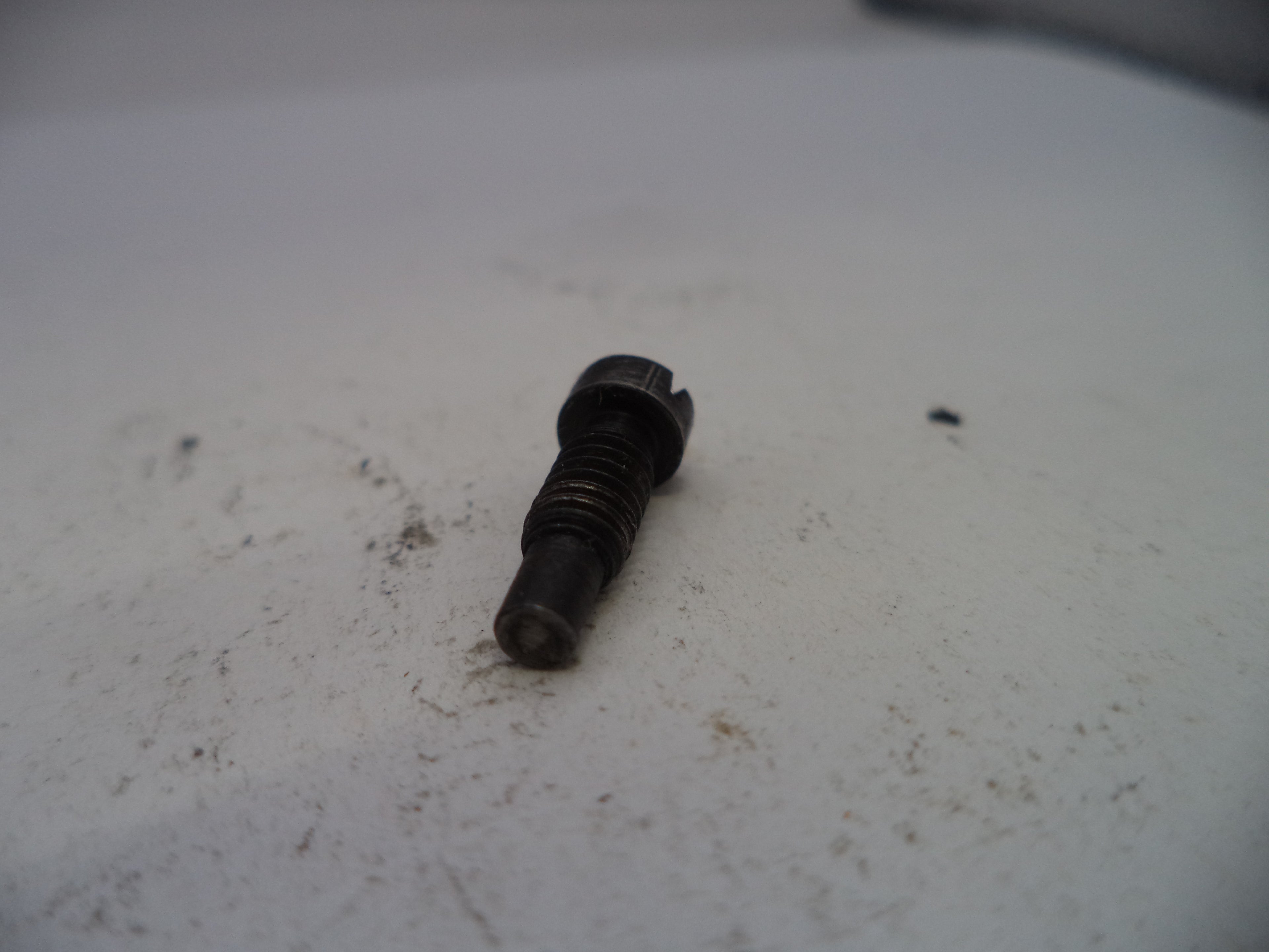Black screw on a white surface with visible dirt