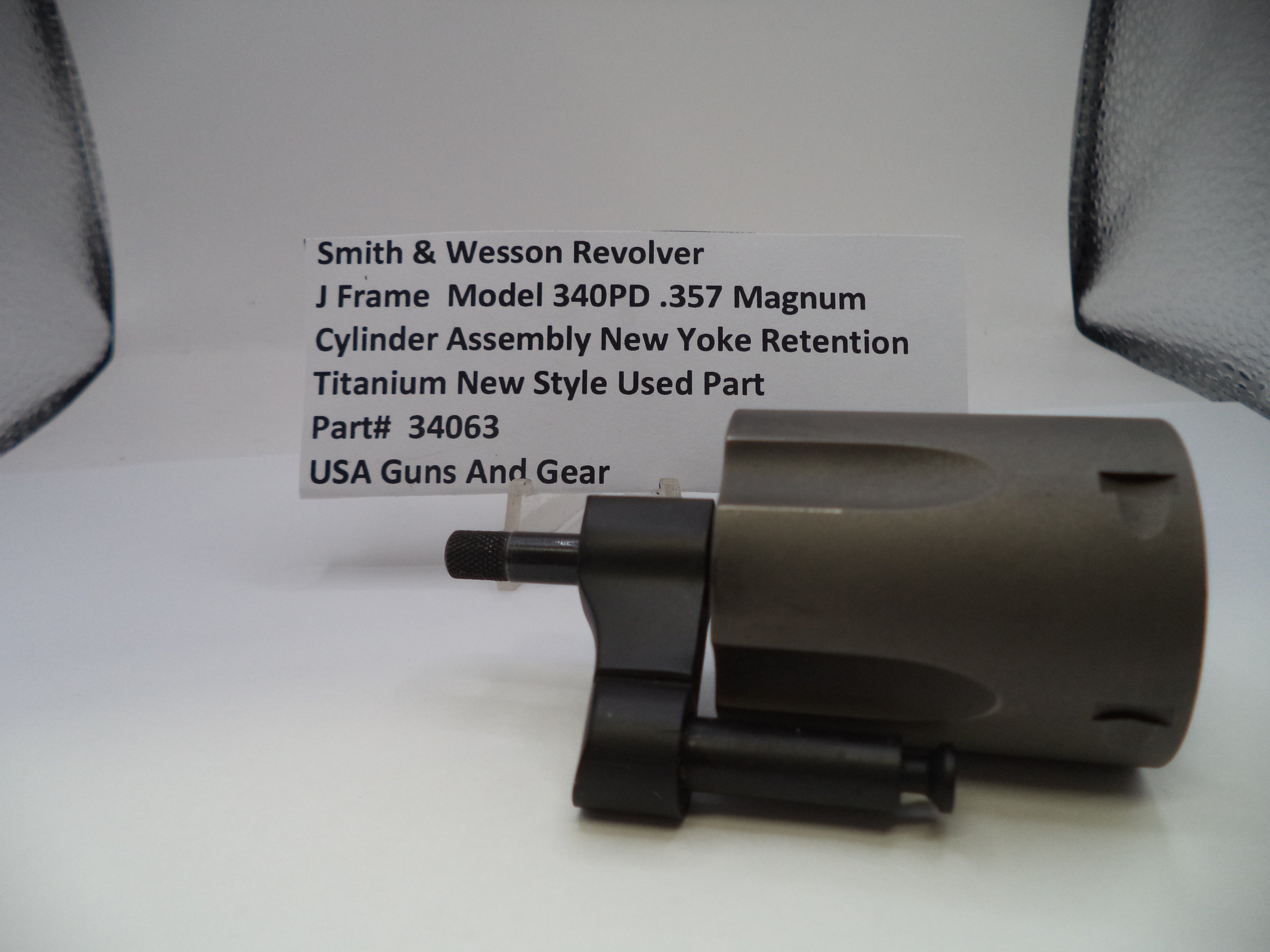 Smith & Wesson revolver cylinder assembly on a white background with text