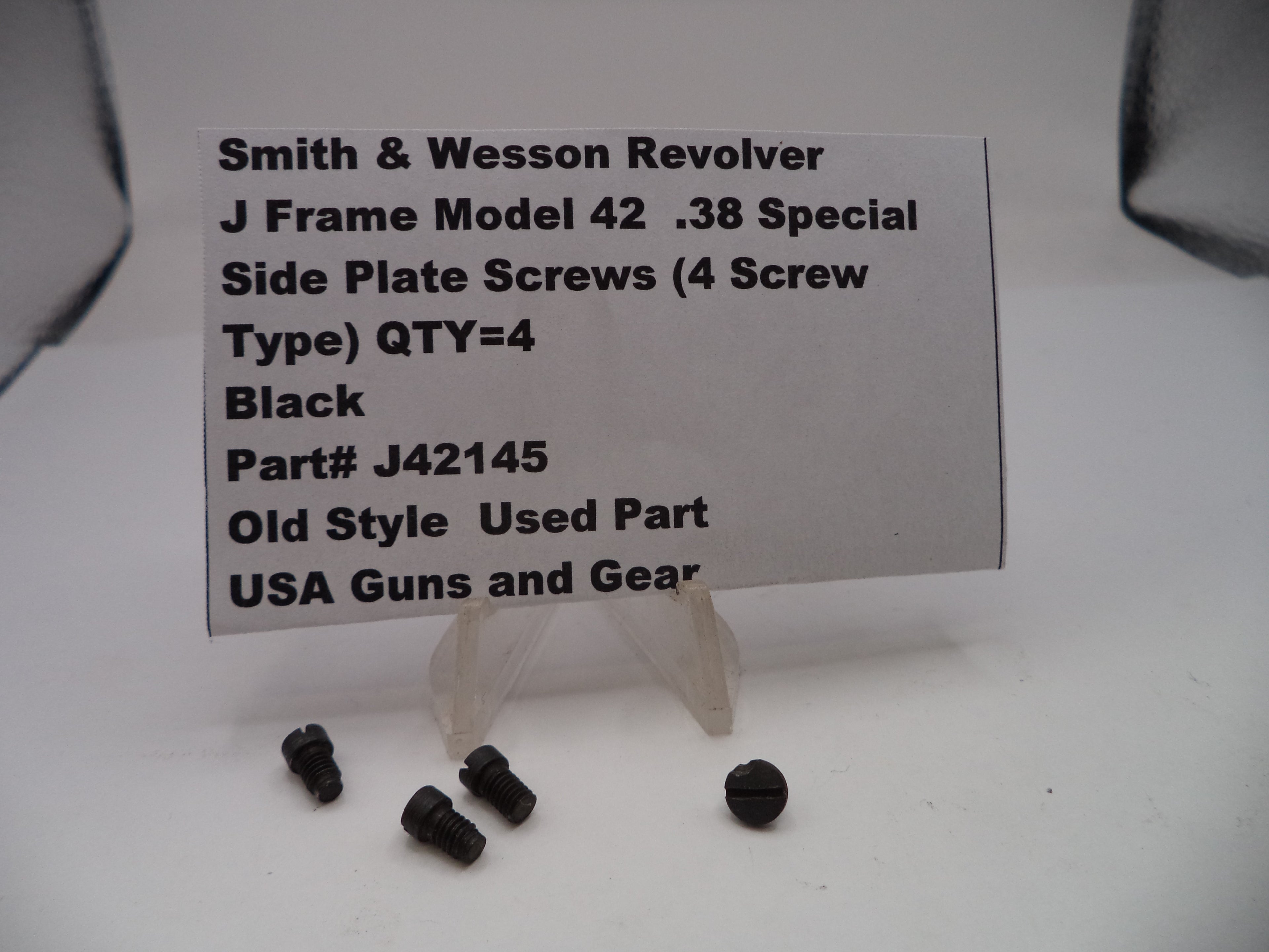 Smith & Wesson Revolver J Frame Model 42 .38 Special side plate screws with a label on a white background.
