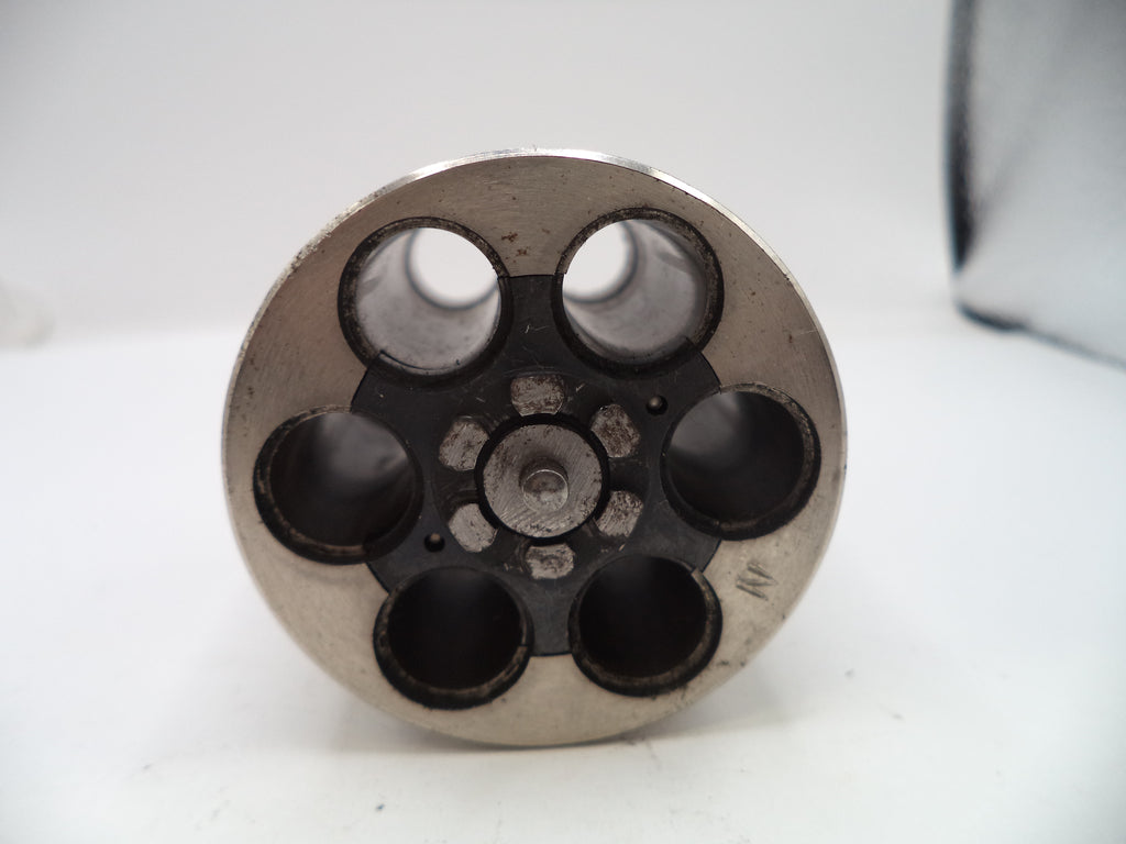 Metallic cylindrical component with multiple holes on a white background