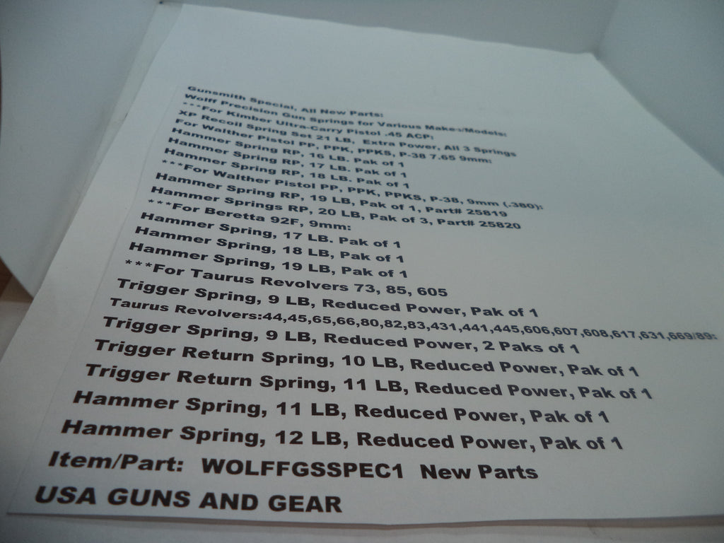 WOLFFGSSPEC1 Wolff Precision Gun Springs for Various Makes/Models in Description
