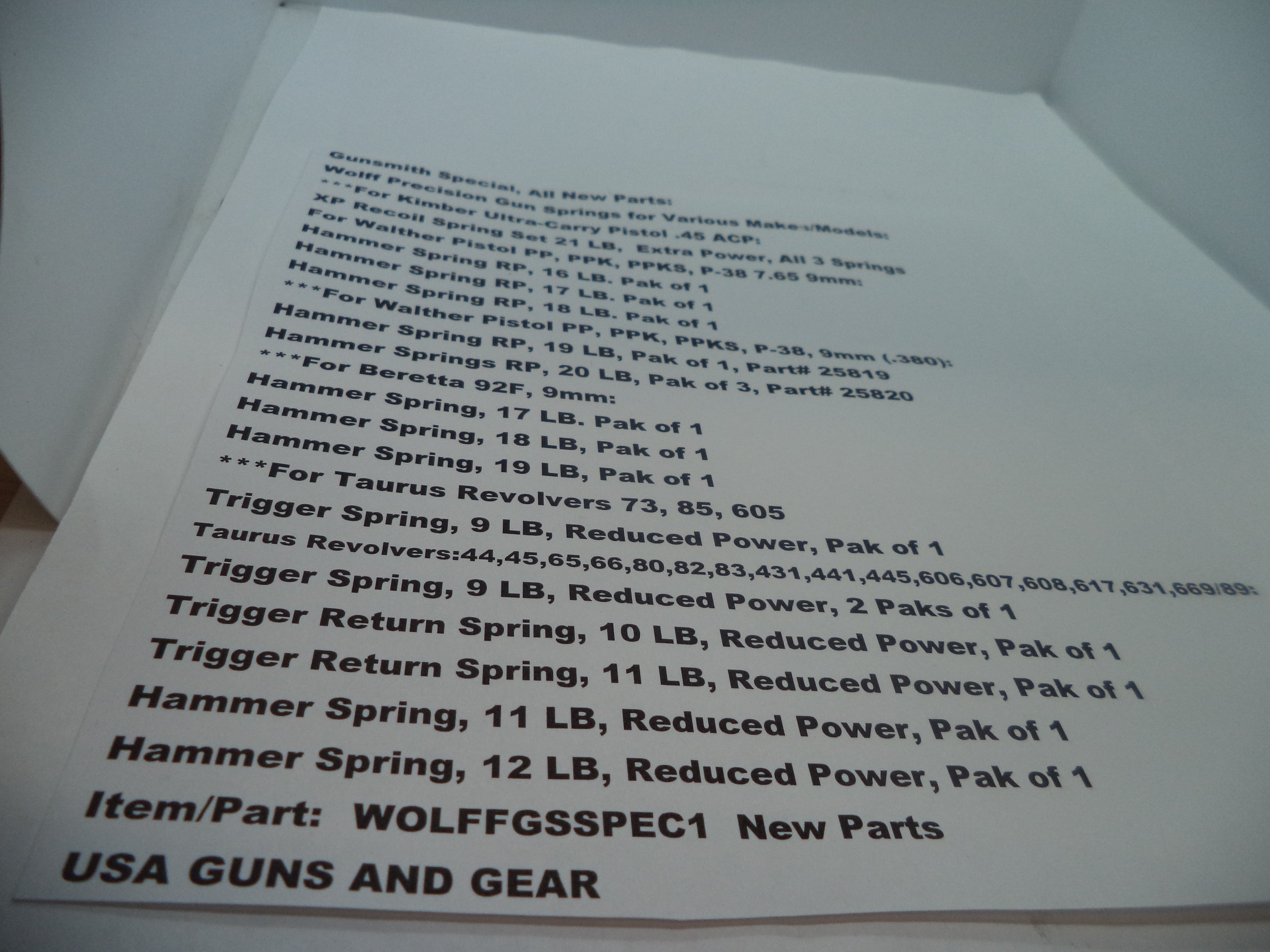 WOLFFGSSPEC1 Wolff Precision Gun Springs for Various Makes/Models in Description