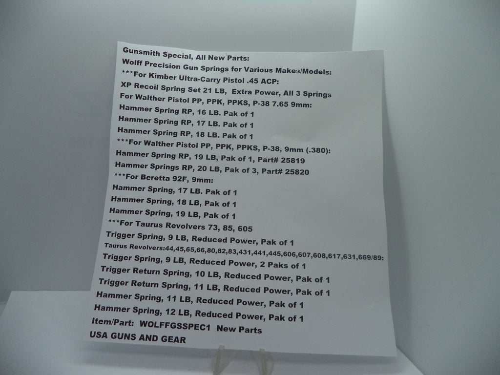 WOLFFGSSPEC1 Wolff Precision Gun Springs for Various Makes/Models in Description