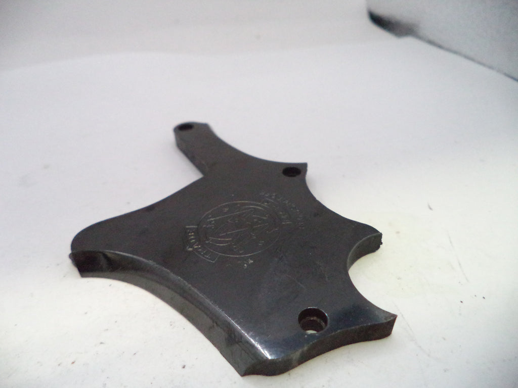 Black metal bracket with engraved text on a white background
