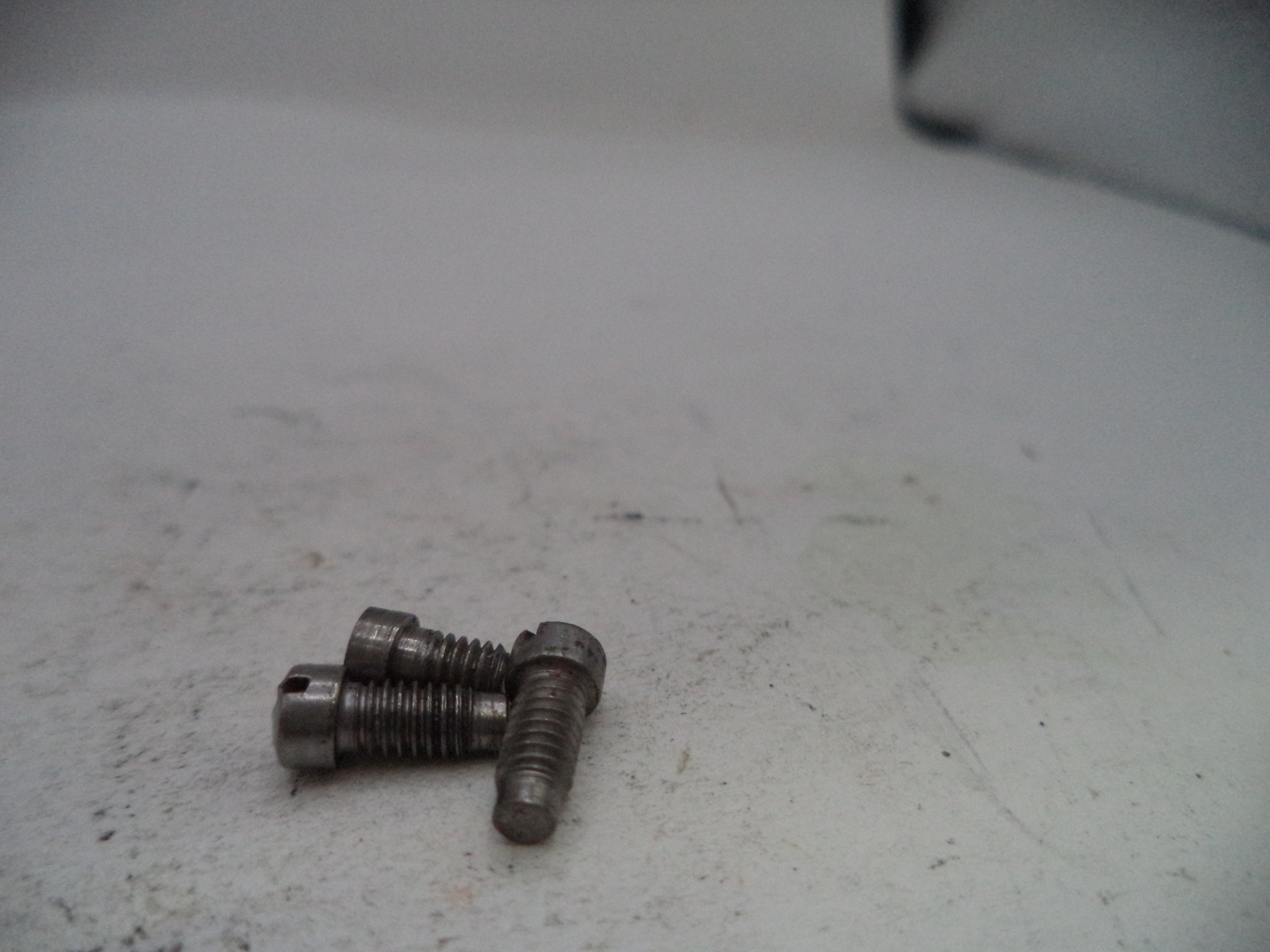 Two metal screws on a textured white surface