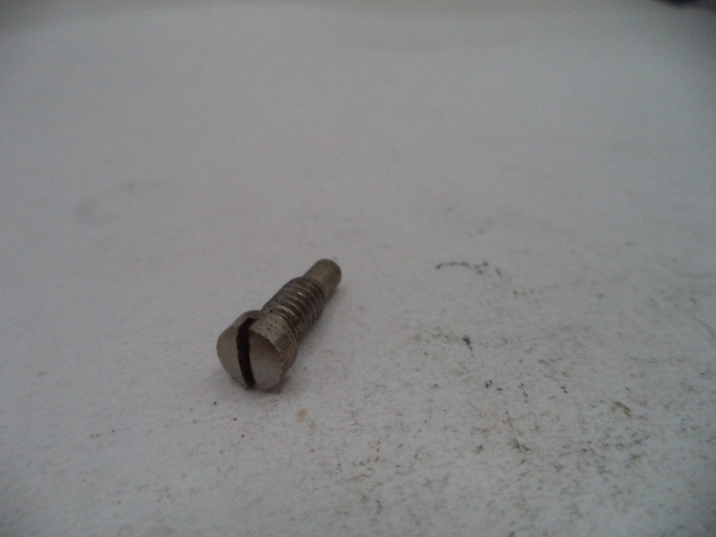 A small metal slotted screw with a threaded shaft, lying on a light gray textured surface.