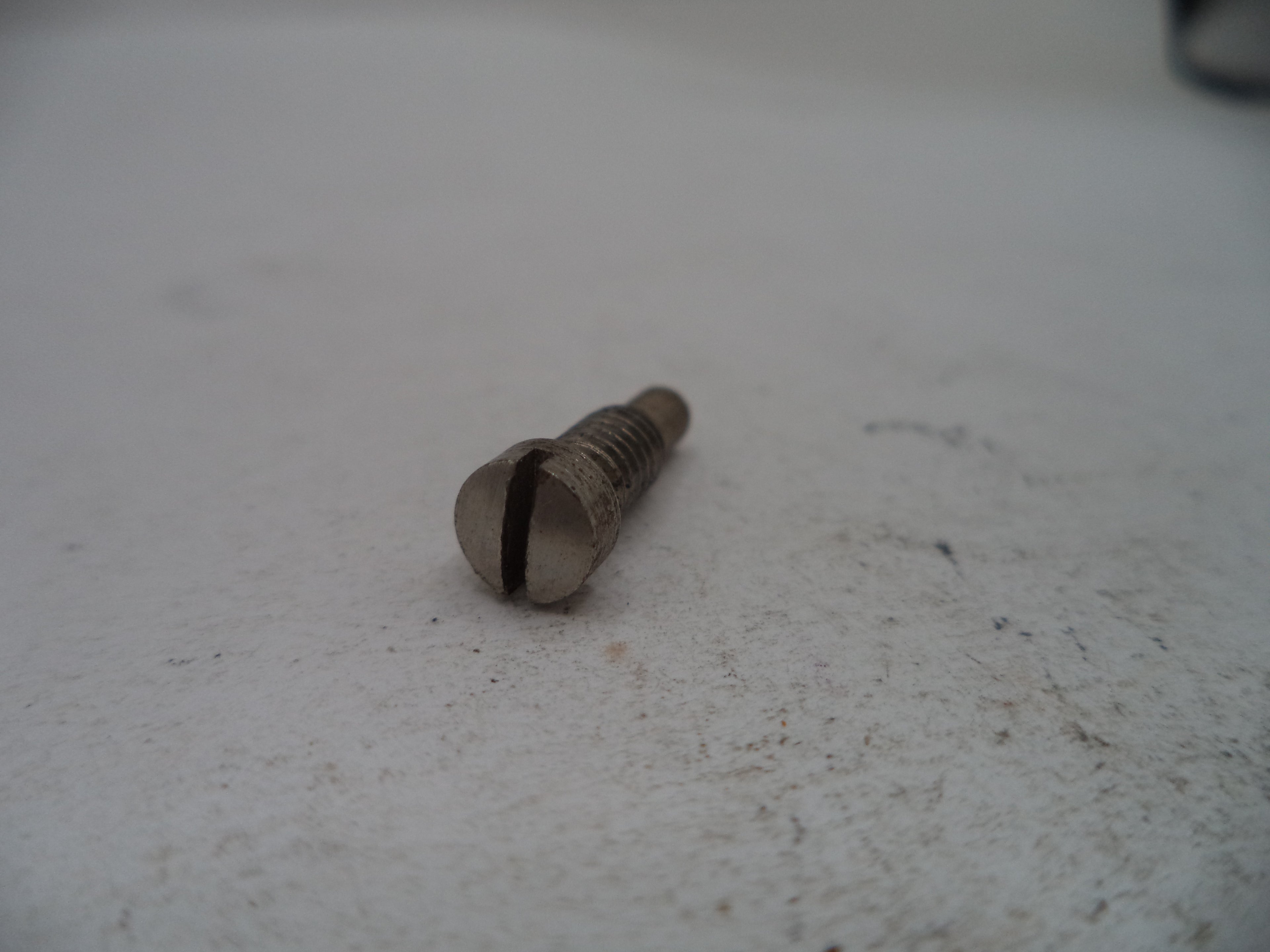 A small metal slotted screw with a threaded shaft, photographed on a light off-white textured surface.