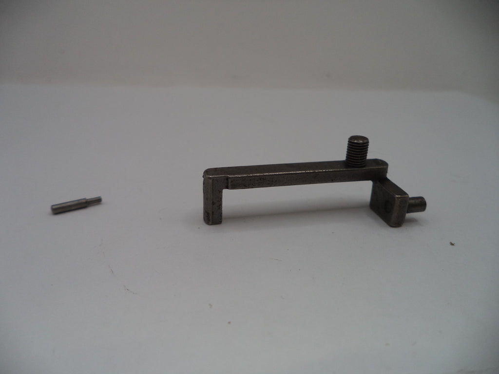 A dark metal mounting bracket with a threaded screw post and a small matching pin, shown on a plain light gray background.