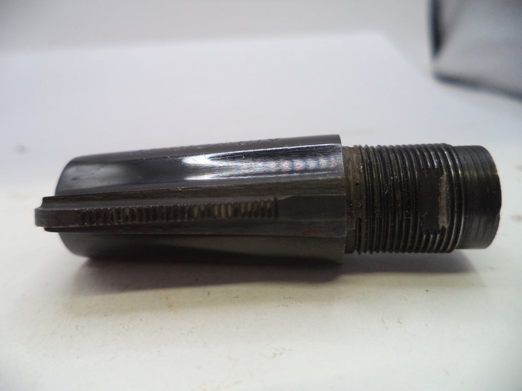 A dark metallic threaded mechanical component or tool part, photographed on a plain light background.