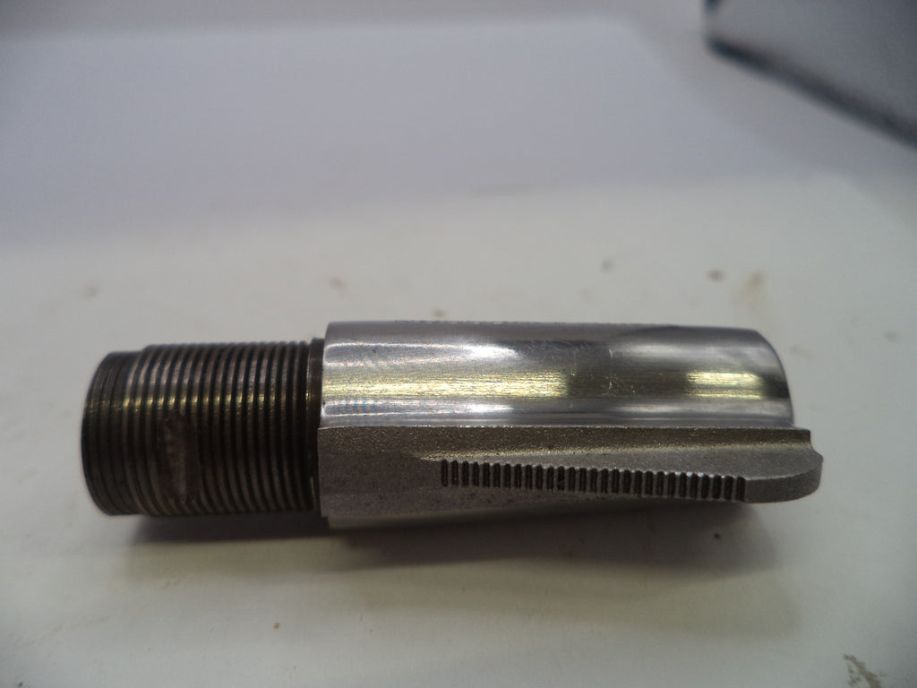 A metal threaded tool bit or machined component with a polished cylindrical body and a ribbed threaded section, photographed on a plain light background.