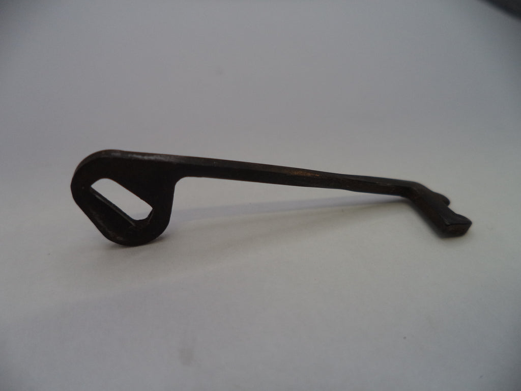 A dark metal door pull handle with a rectangular cutout in the loop, shown on a plain light gray background.