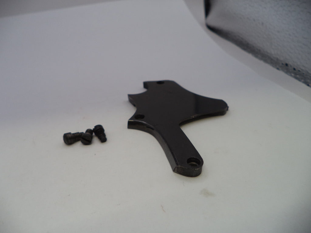 A black metal mounting bracket with two small black screws, photographed on a plain white surface.