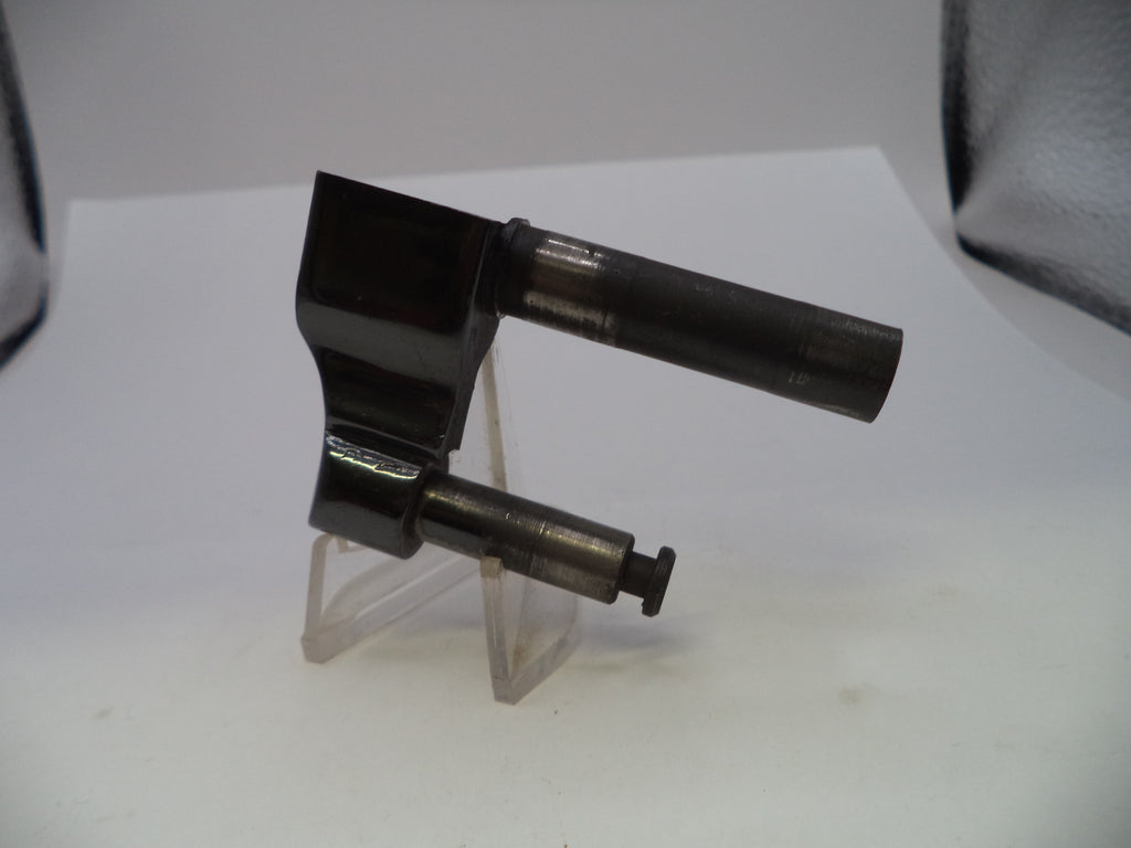 A black metal mechanical component or tool holder with a cylindrical shaft, displayed on a clear plastic stand against a white background.