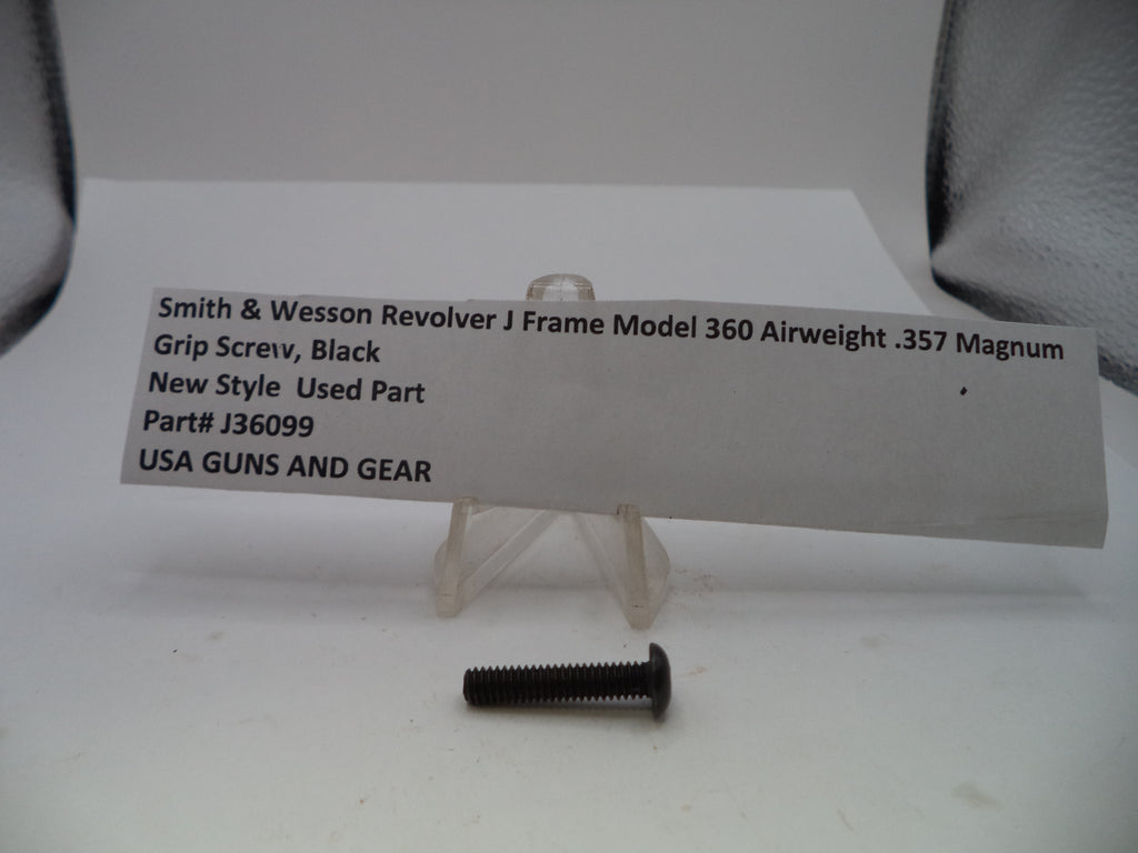 A single black metal grip screw for a Smith & Wesson Revolver J Frame Model 360 Airweight .357 Magnum, shown on a white surface with a paper label card in the background.