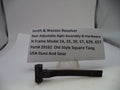 A black metal Smith & Wesson revolver rear adjustable sight assembly and hardware displayed on a small clear stand, with a white label card behind it showing product details.
