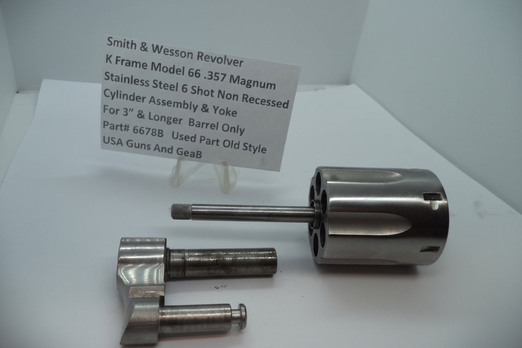 Smith & Wesson revolver K Frame Model 66 .357 Magnum stainless steel cylinder assembly on a white background with a label.