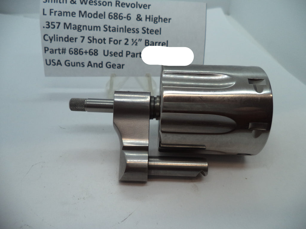 Stainless steel revolver cylinder with model number L686-6 and higher, suitable for 2 1/2 barrel, displayed on a white background with a part number label.