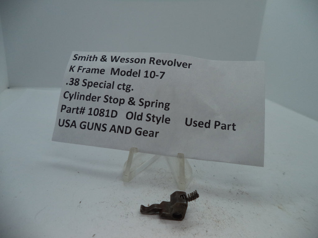 Smith & Wesson K Frame Model 10-7 Cylinder Stop & Spring used gun part displayed on a white background with product label.