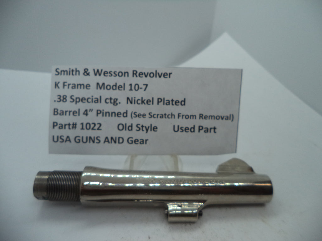 Smith & Wesson revolver part labeled as K Frame Model 10-7, 4 inch pinned nickel plated .38 Special cartridge.