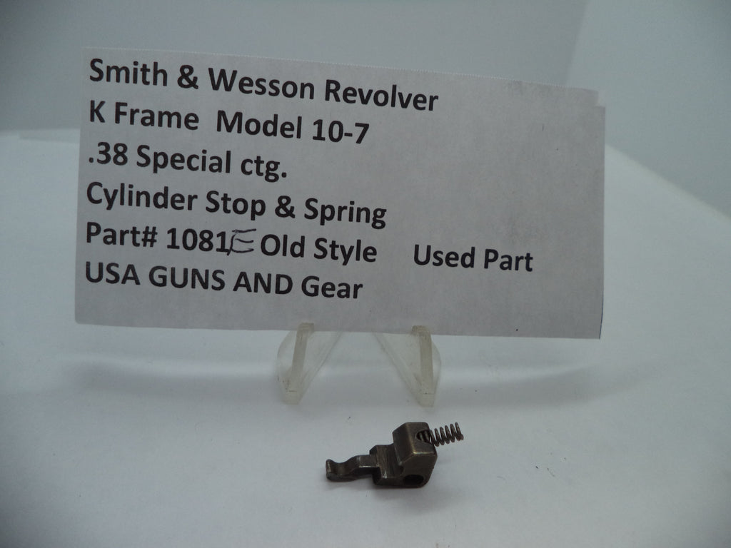 A metal cylinder stop and spring part labeled as Smith & Wesson K Frame Model 10-7, .38 Special ctg.