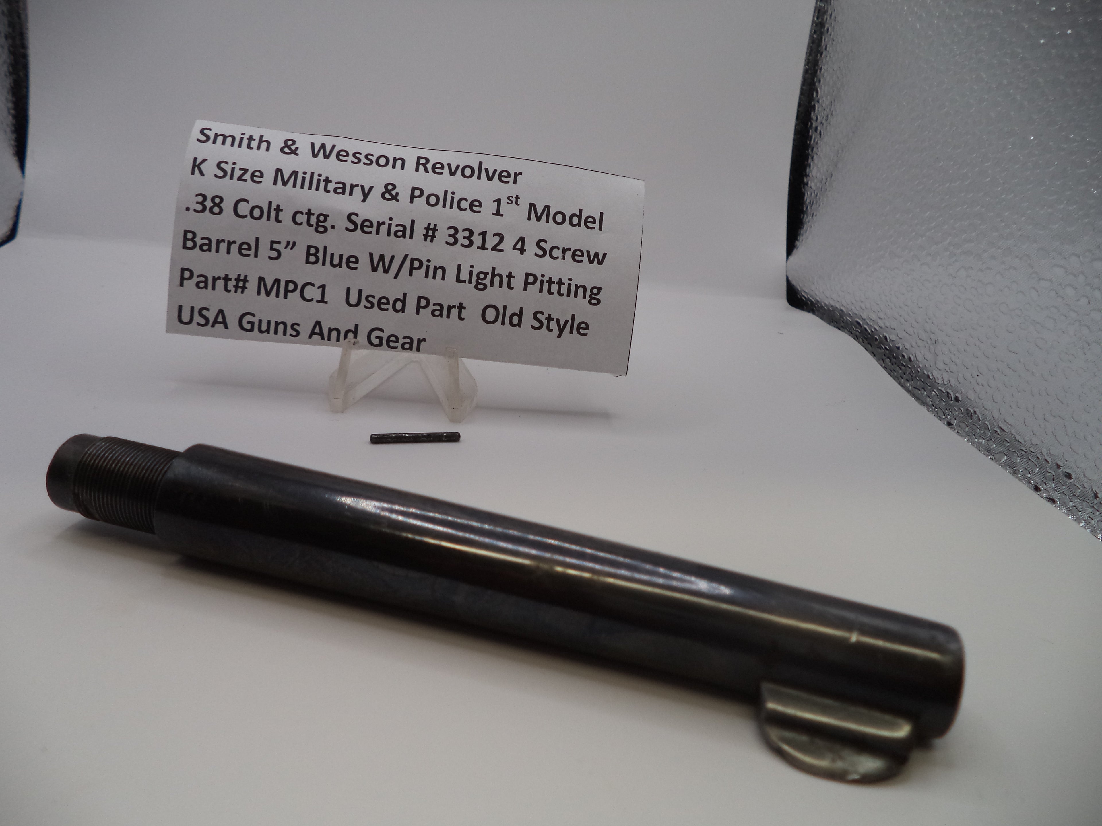 Smith & Wesson K Frame Military & Police 1st Model Barrel 5" Pinned .38 Colt ctg. Serial #3312 4-Screw Blue Steel Used OEM Part MPC1
