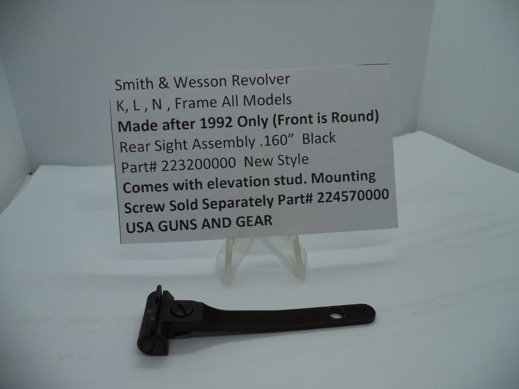 Smith & Wesson K/L/N Frame Rear Sight Assembly - .160" Black New Style - Factory New Part 223200000