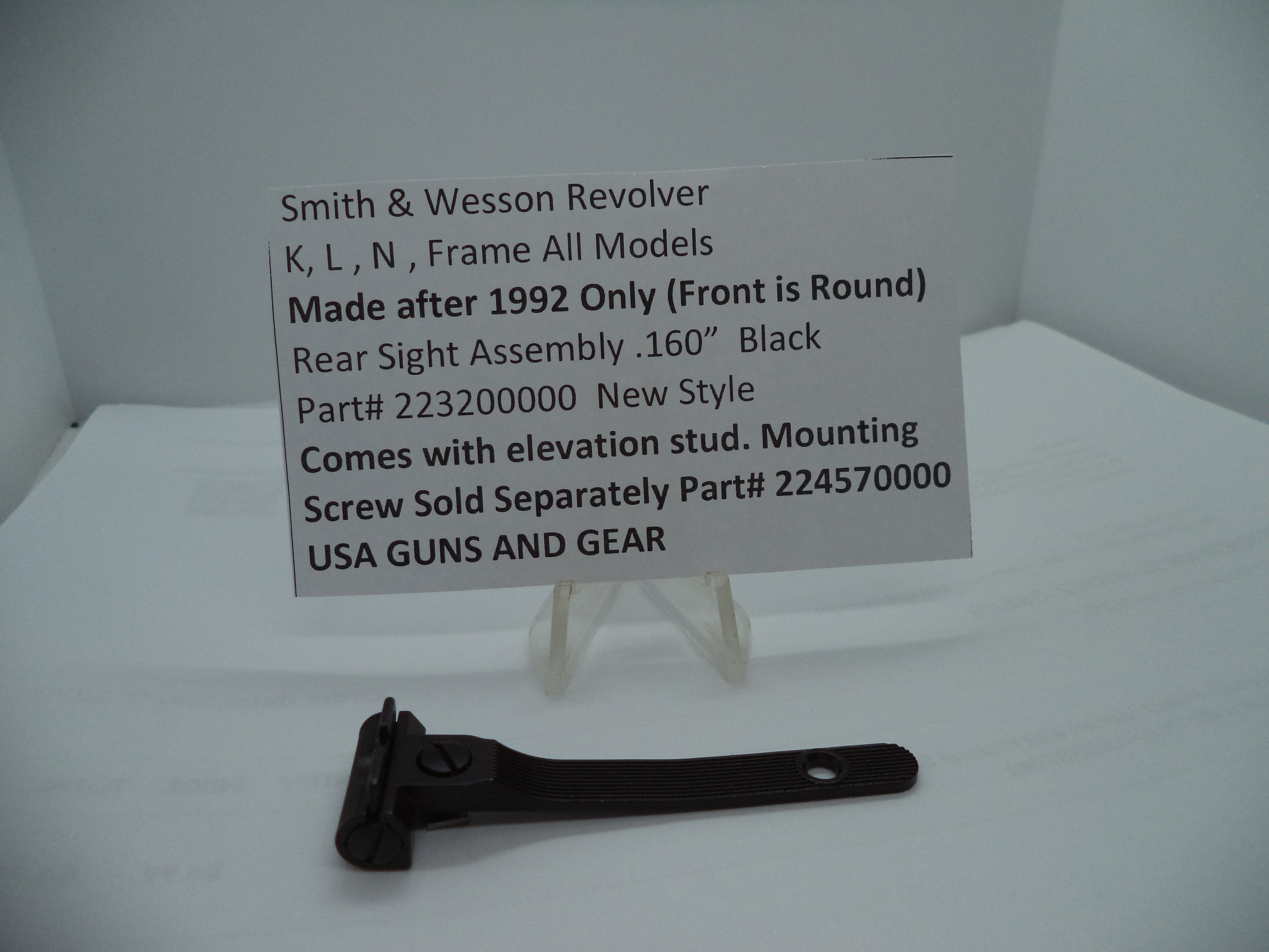 Smith & Wesson K/L/N Frame Rear Sight Assembly - .160" Black New Style - Factory New Part 223200000