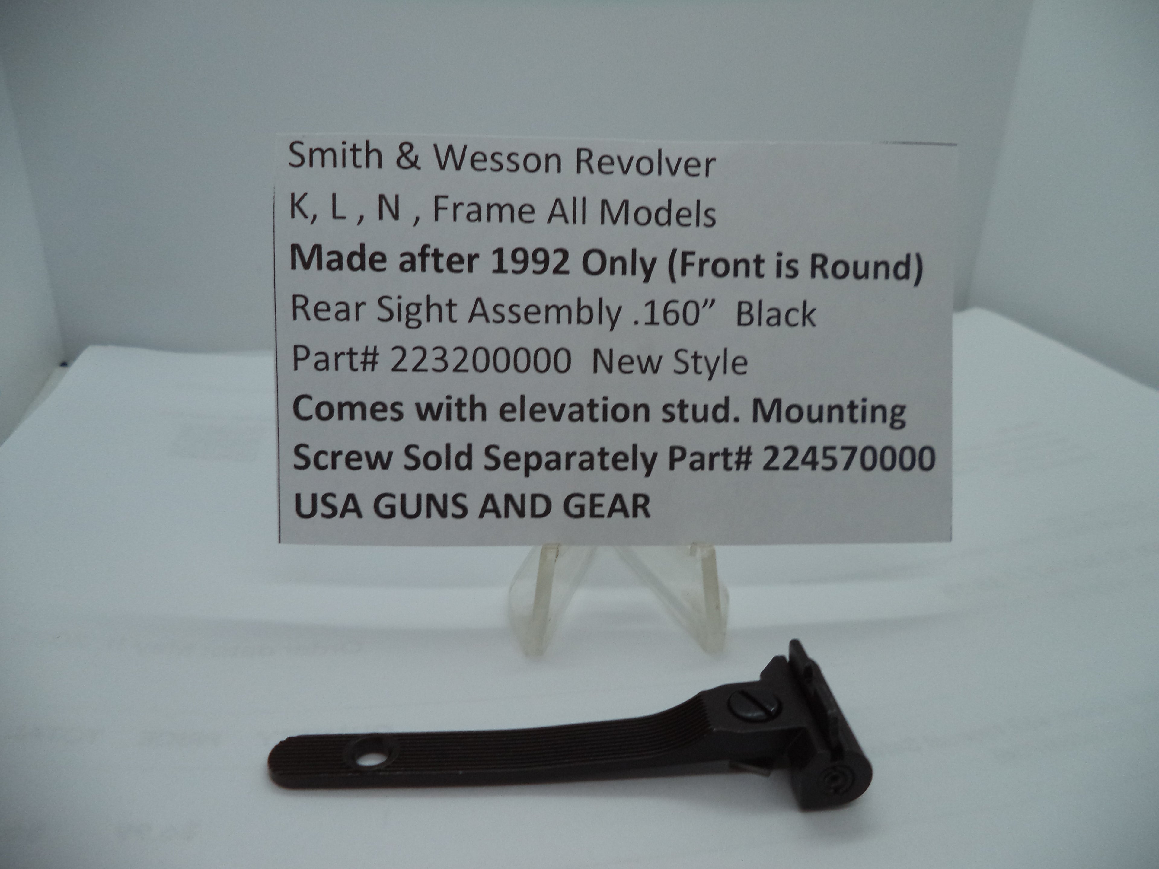 Smith & Wesson K/L/N Frame Rear Sight Assembly - .160" Black New Style - Factory New Part 223200000