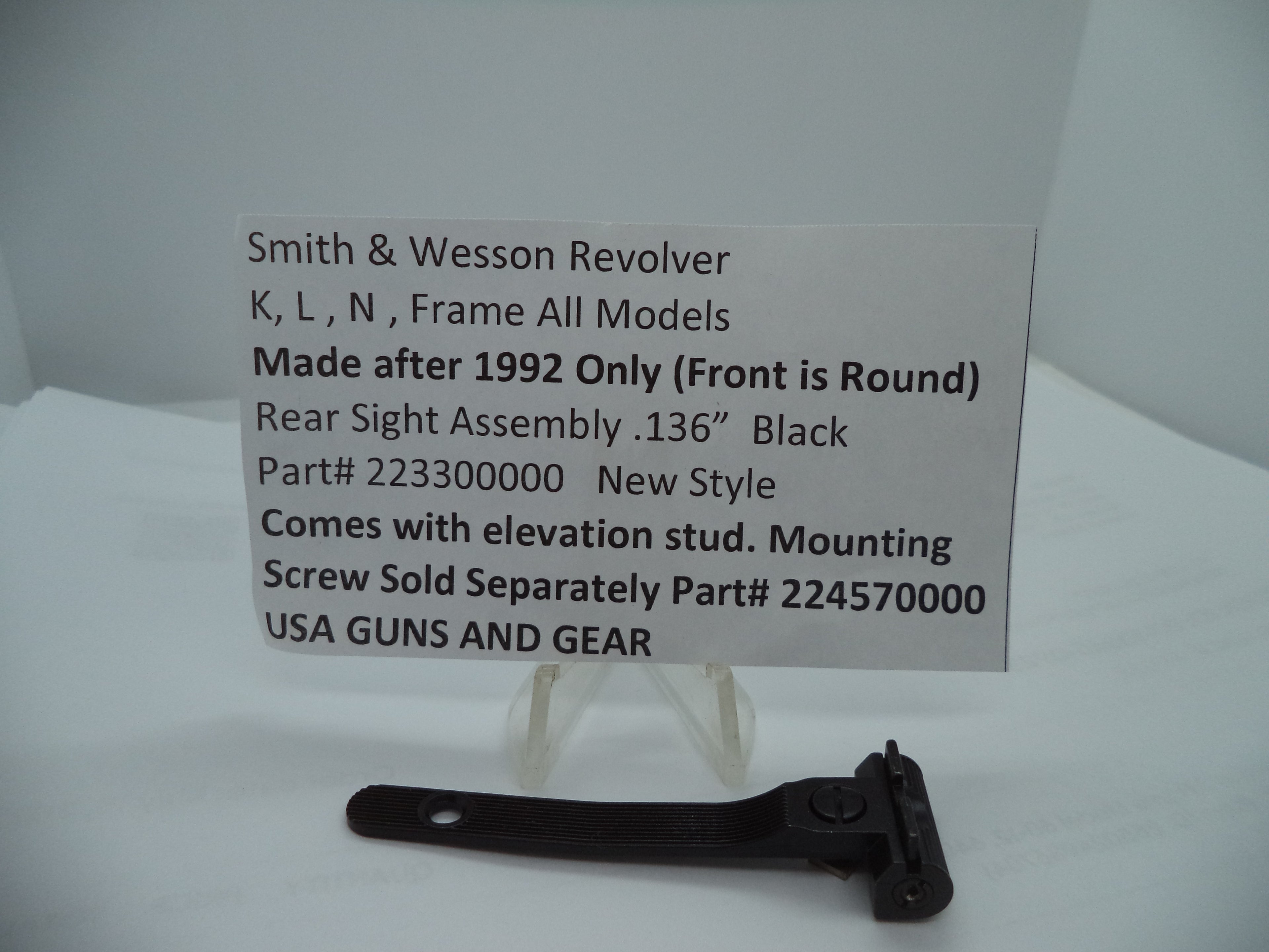 Smith & Wesson K/L/N Frame New Style .136" Black Rear Sight Assembly - OEM Part 223300000