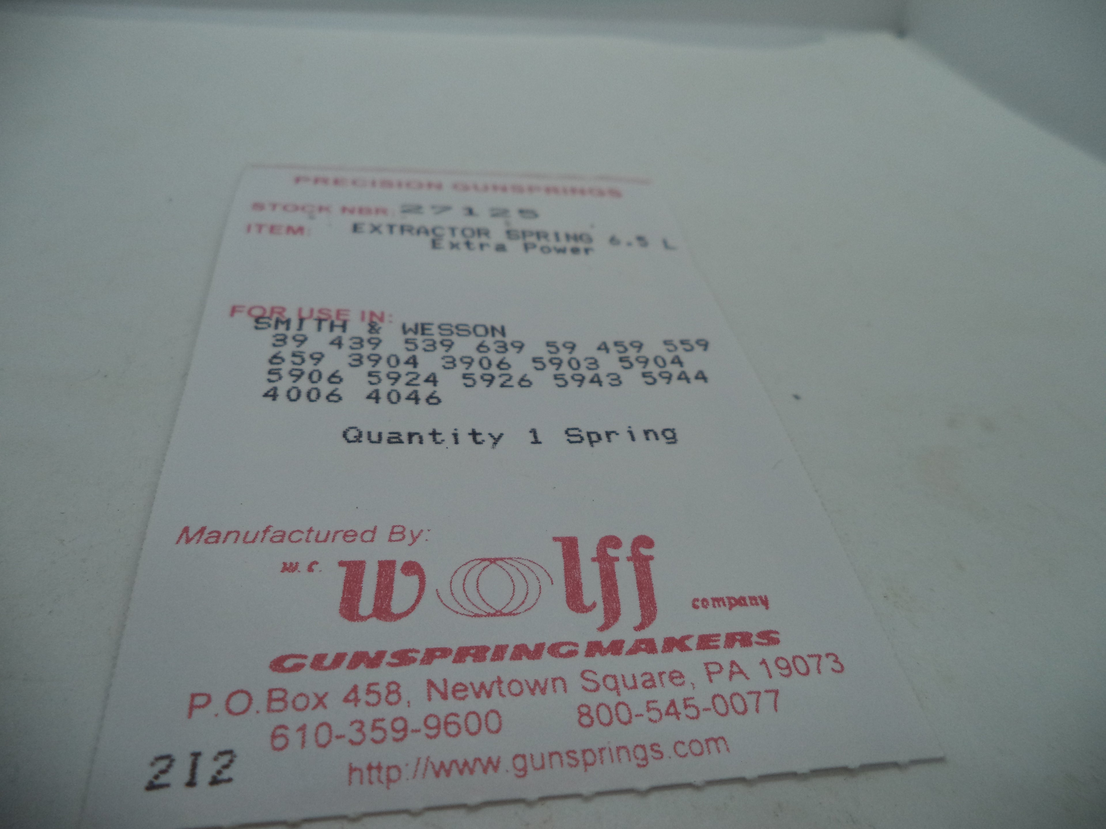 27125 Wolff Smith & Wesson Extractor Spring Model 39 Series 9mm/.40 S&W