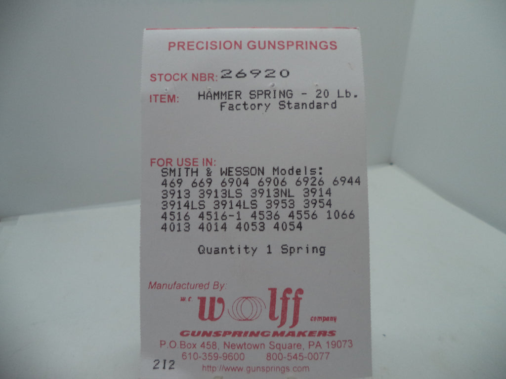 Wolff Hammer Spring 20LB for S&W 469/669/6904/6906/6924/6926/6944/6946/3913/3914/4013/4053/4516/4556 - 26920