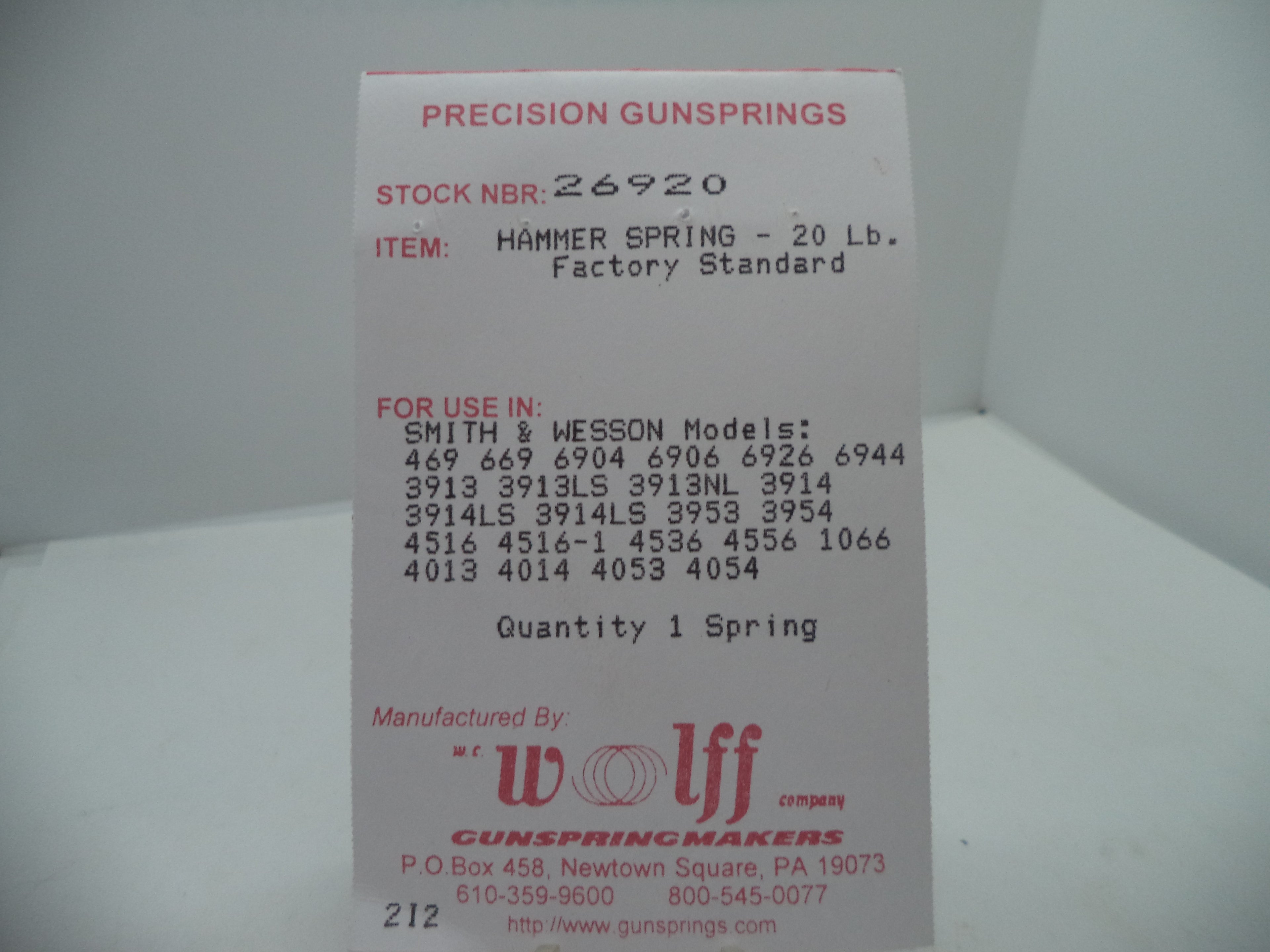 Wolff Hammer Spring 20LB for S&W 469/669/6904/6906/6924/6926/6944/6946/3913/3914/4013/4053/4516/4556 - 26920
