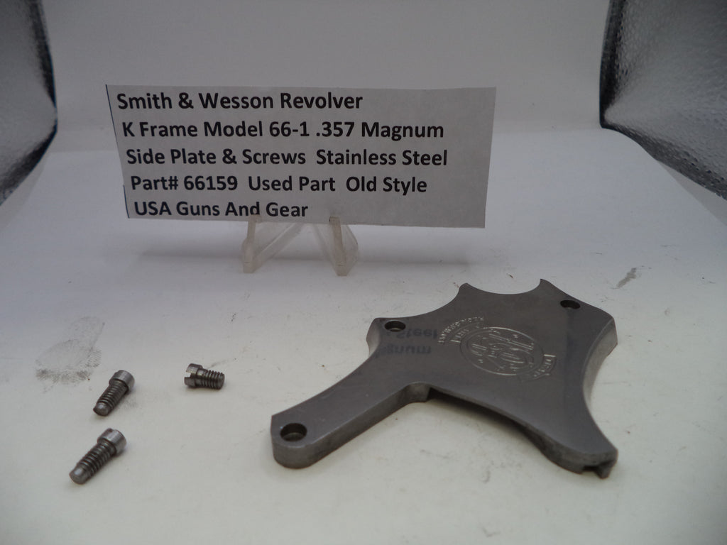 Smith & Wesson revolver side plate and screws on a white background with a label.