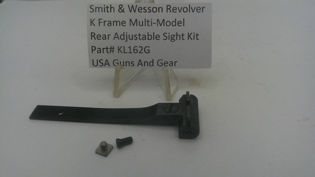 Smith & Wesson revolver K frame multi-model rear adjustable sight kit, part KL162G, featuring a black metal sight assembly with two small mounting screws and a white product information card on a white background.