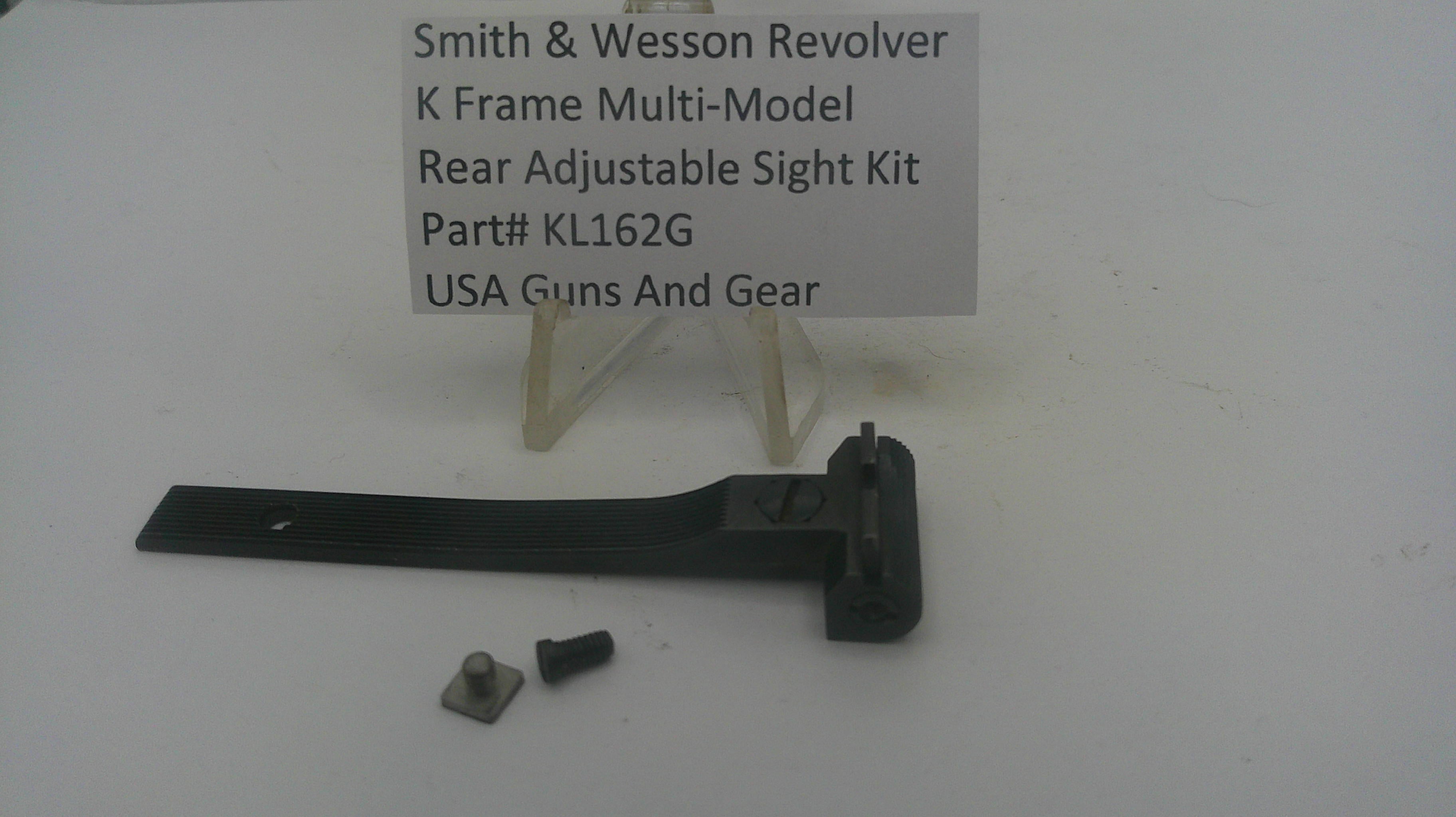 Smith & Wesson revolver K frame multi-model rear adjustable sight kit, part KL162G, featuring a black metal sight assembly with two small mounting screws and a white product information card on a white background.