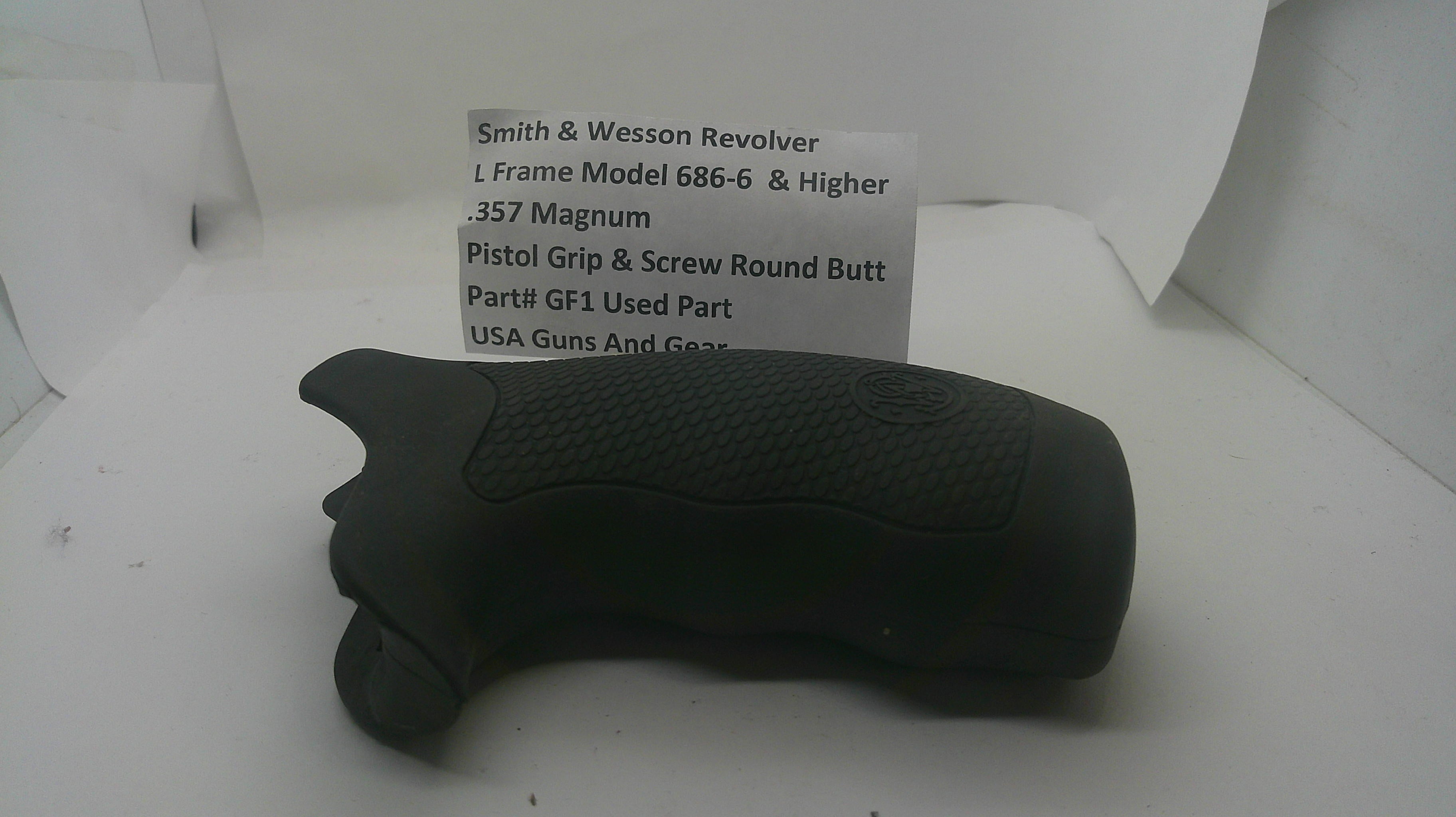A black Smith & Wesson revolver pistol grip and screw butt part, shown inside a white box next to a white paper label with product details.