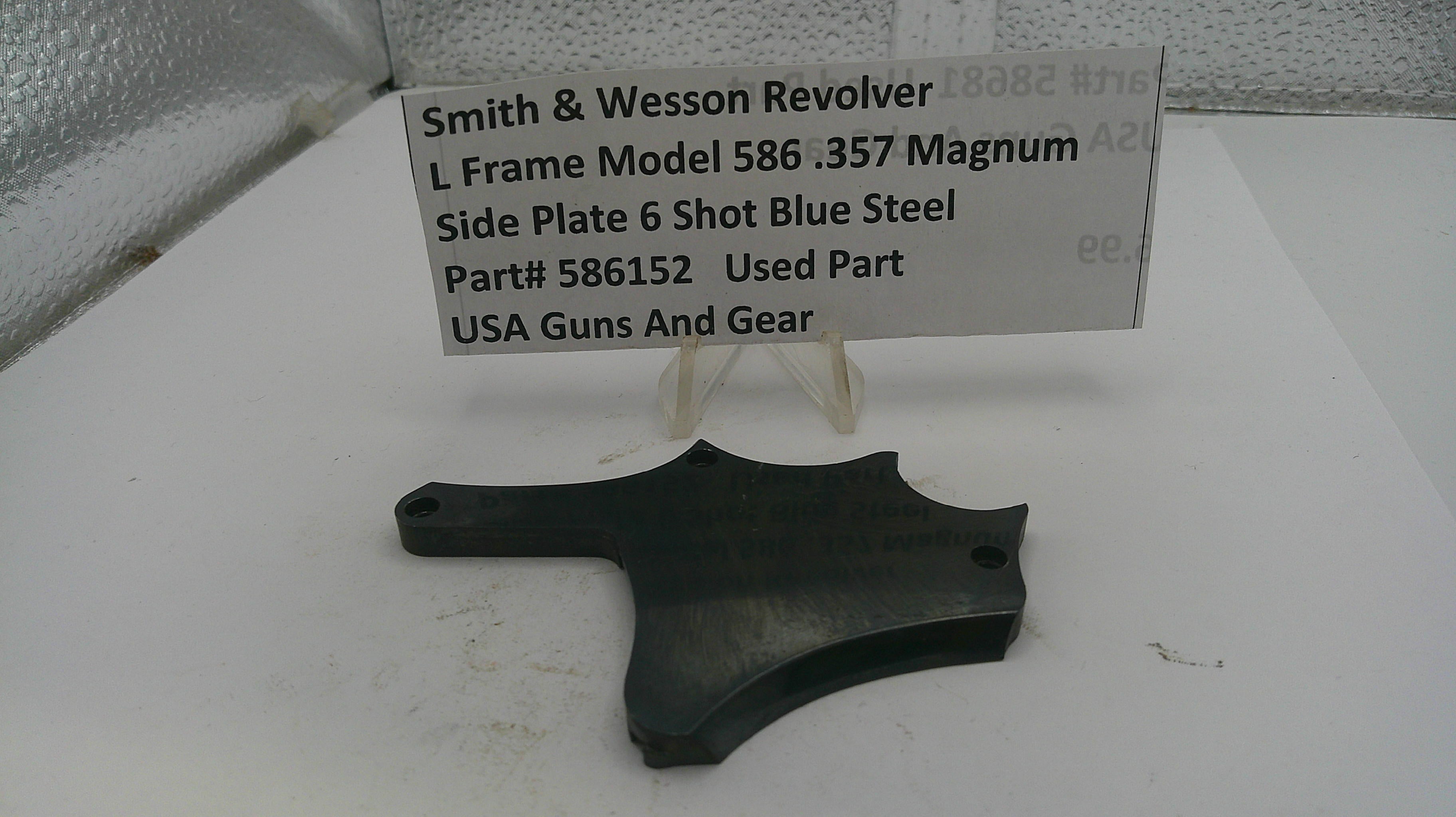 Black side plate of a Smith & Wesson revolver with a sign detailing product information on a white background.
