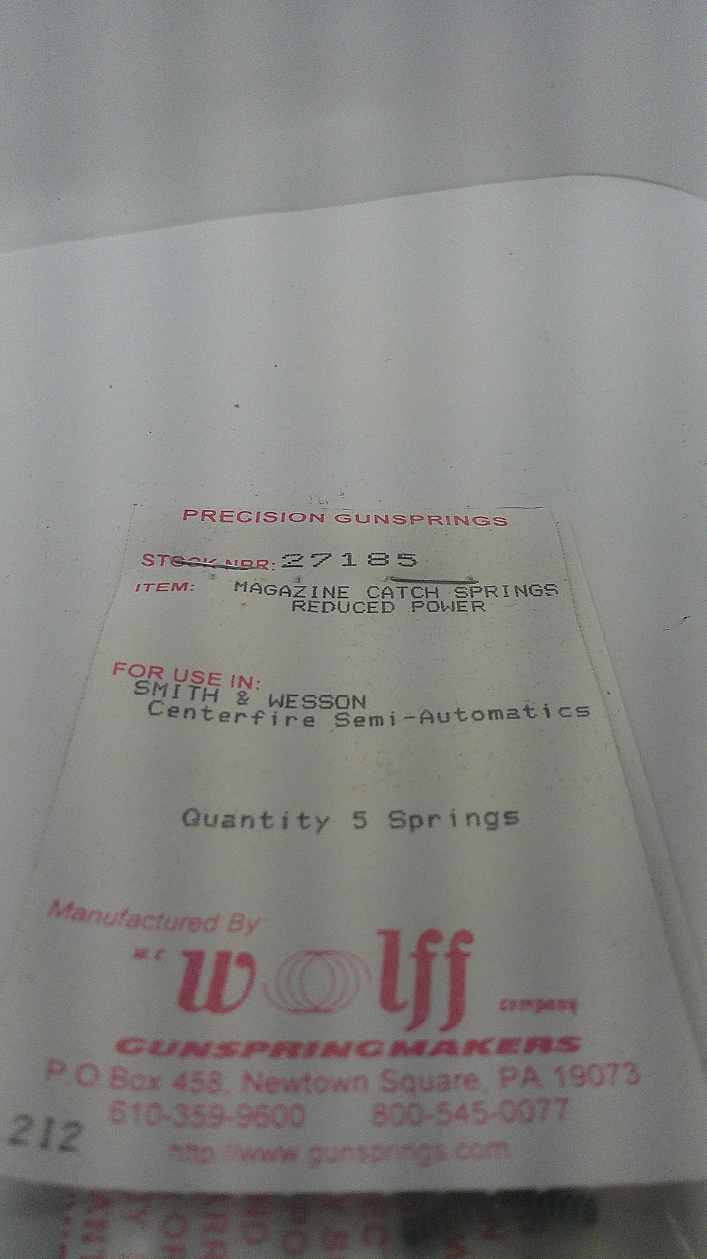 Wolff reduced power magazine catch springs for Smith & Wesson centerfire semi-automatics Part 27185, five-spring package