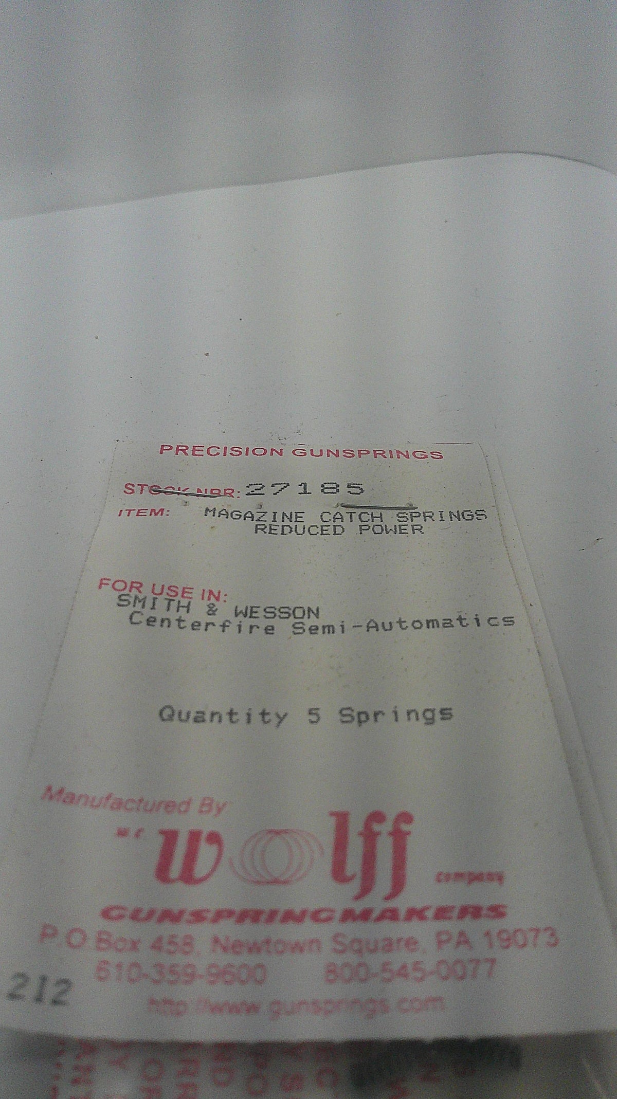 Wolff reduced power magazine catch springs for Smith & Wesson centerfire semi-automatics Part 27185, five-spring package